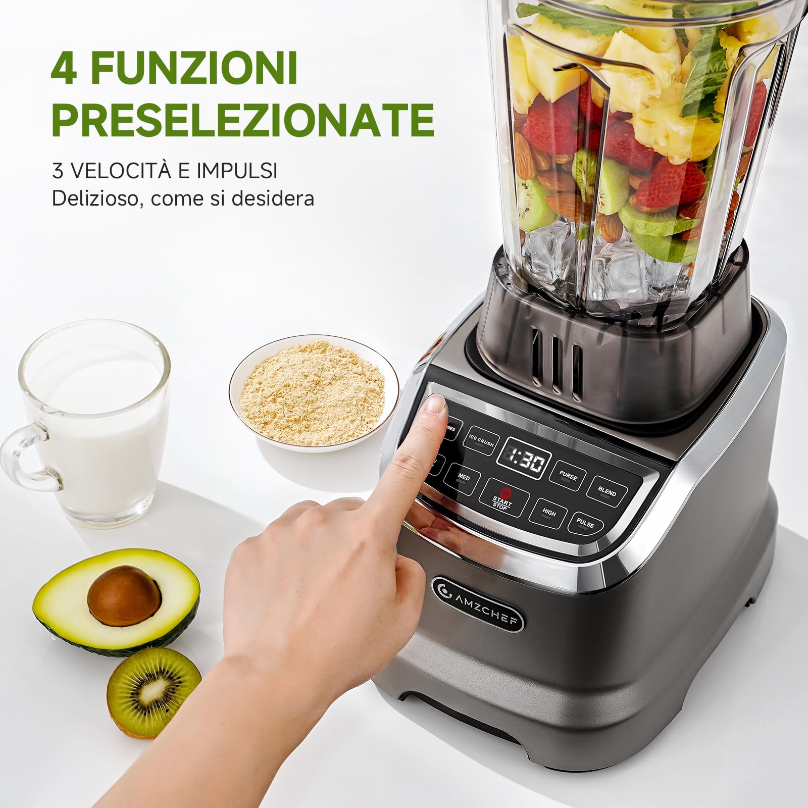 AMZCHEF Batidora de Vaso 2 in 1 con due contenitori di miscelazione, Frullatore Professionale ad alte prestazioni, 1800 Watt, 1,85 litri e 600 ml, blender professionale per smoothie con 6 lame