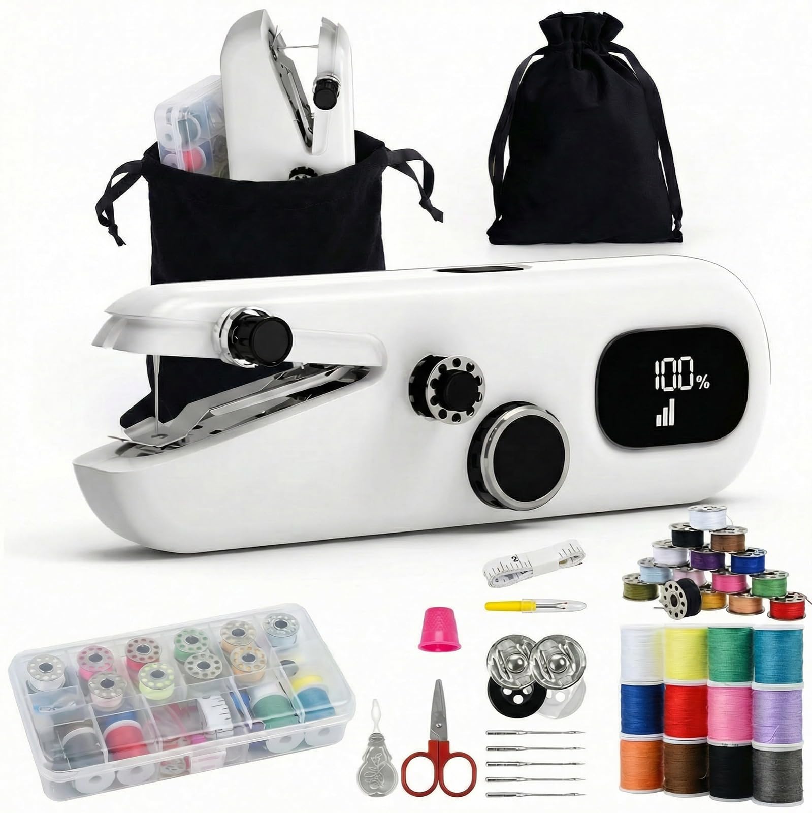 Macchina da cucire portatile con display LCD, macchina da cucire portatile per principianti, macchina da cucire manuale ricaricabile a 3 velocità con accessori completi, viaggi in famiglia e