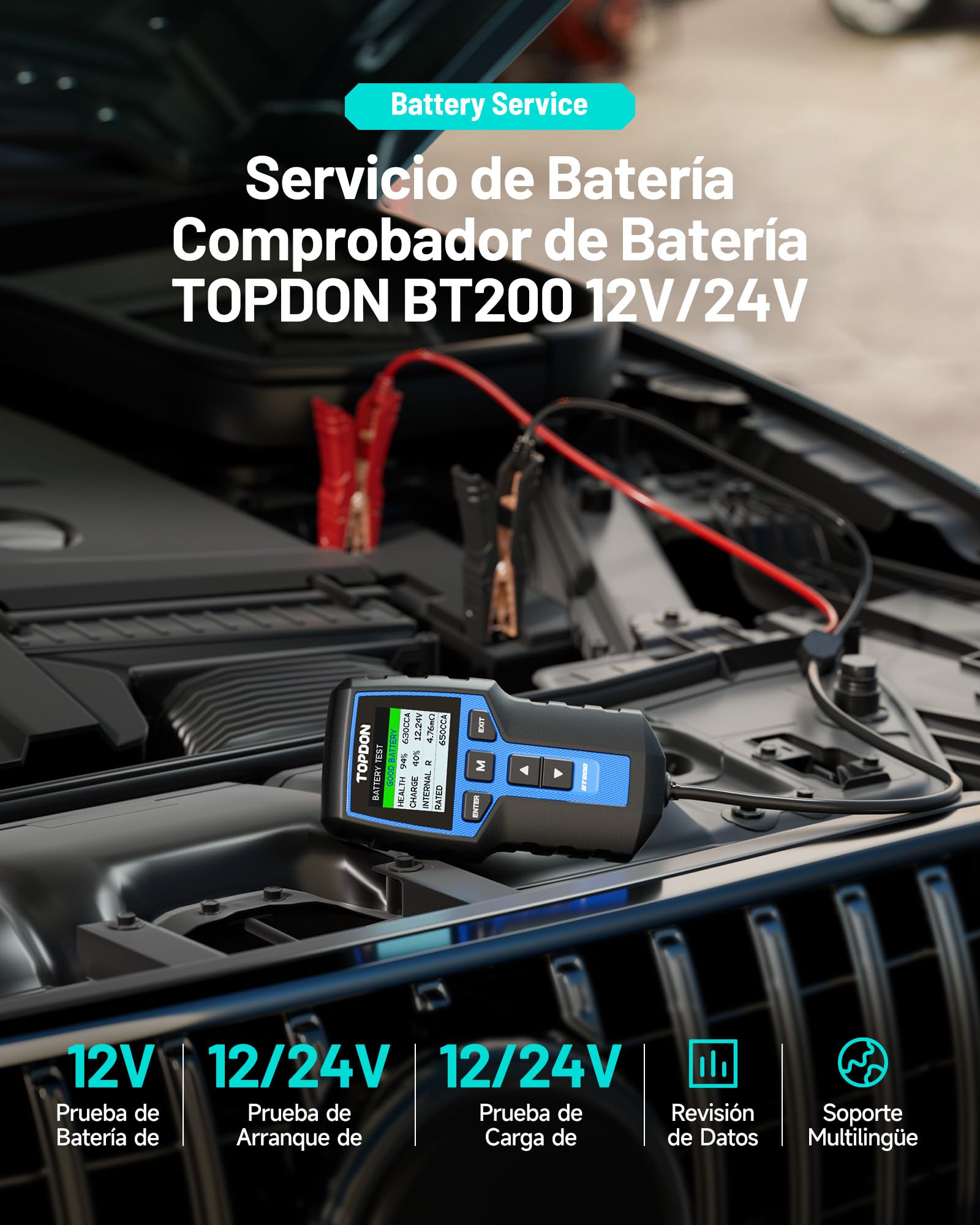 TOPDON BT200 Comprobador de Baterías de Coche, 12V 24V Comprobador de Baterías 100-2000CCA, con prueba de batería, prueba de arranque y prueba del sistema de carga para coches, motos, barcos, SUV