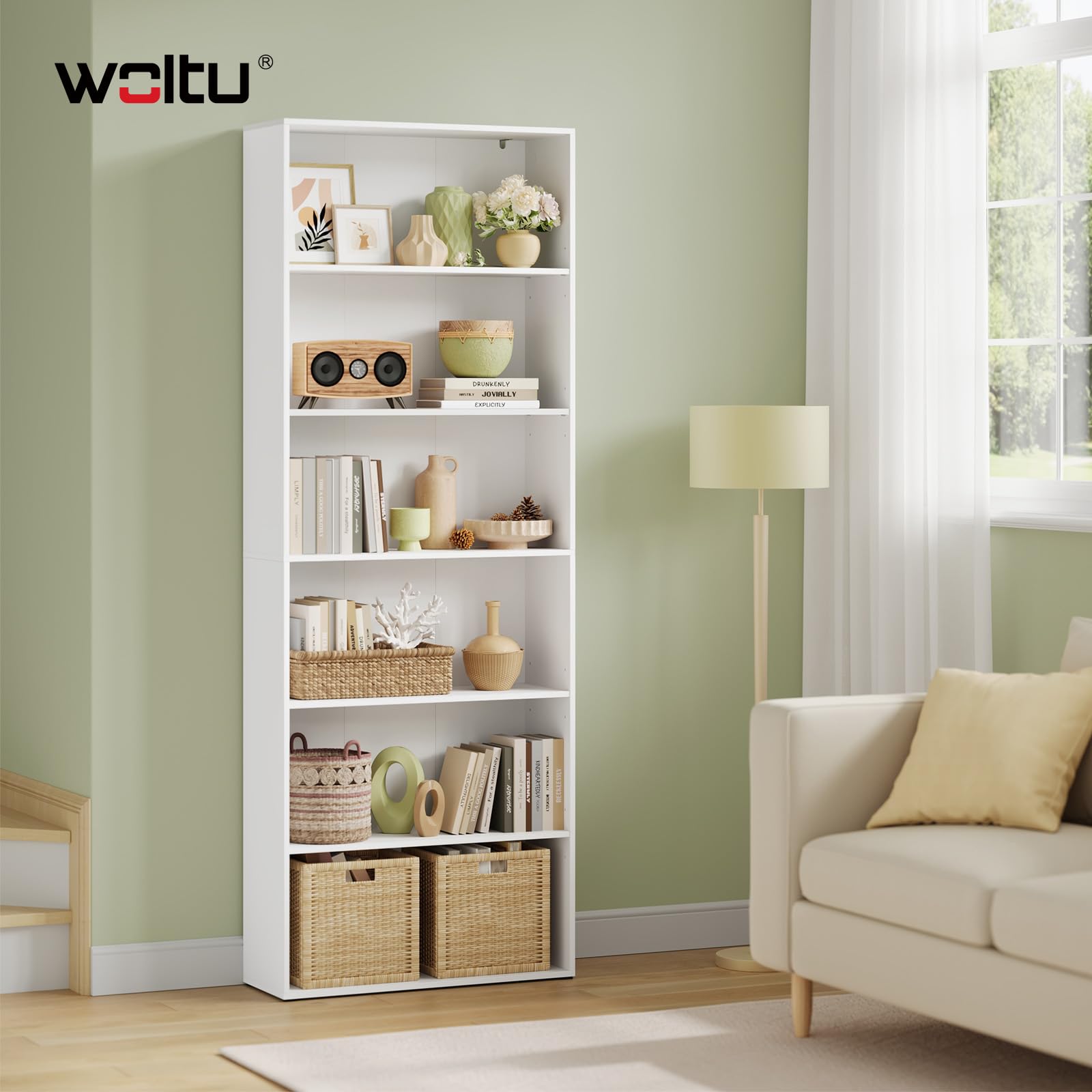 WOLTU Libreria, scaffale con 6 ripiani regolabili, scaffale aperto, divisorio in piedi, per soggiorno, ufficio, camera da letto, 60 x 180 x 23,5 cm, bianco, SK052ws