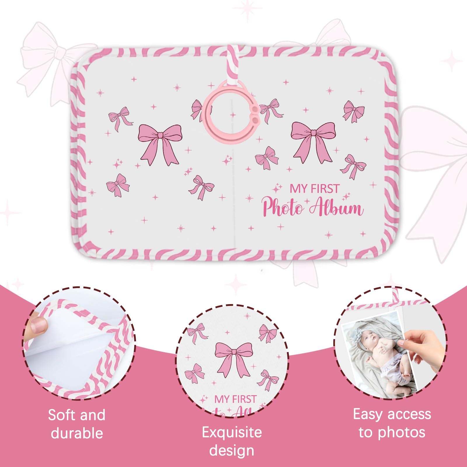 Pink Bow Baby Photo Album Holds 17 6x4 Pictures, Cute Soft Cloth Family Photo Book - Image 3
