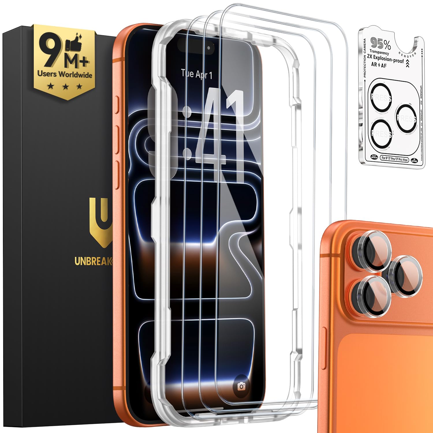 UNBREAKcable iPhone 17 Pro Screen Protector 3-Pack, Upgraded Dual-Tempered Glass + 3 Camera Lens Protectors, Military-Grade 9H Hardness, HD Clarity, Anti-Fingerprint, Case Friendly, 6.3 Inch