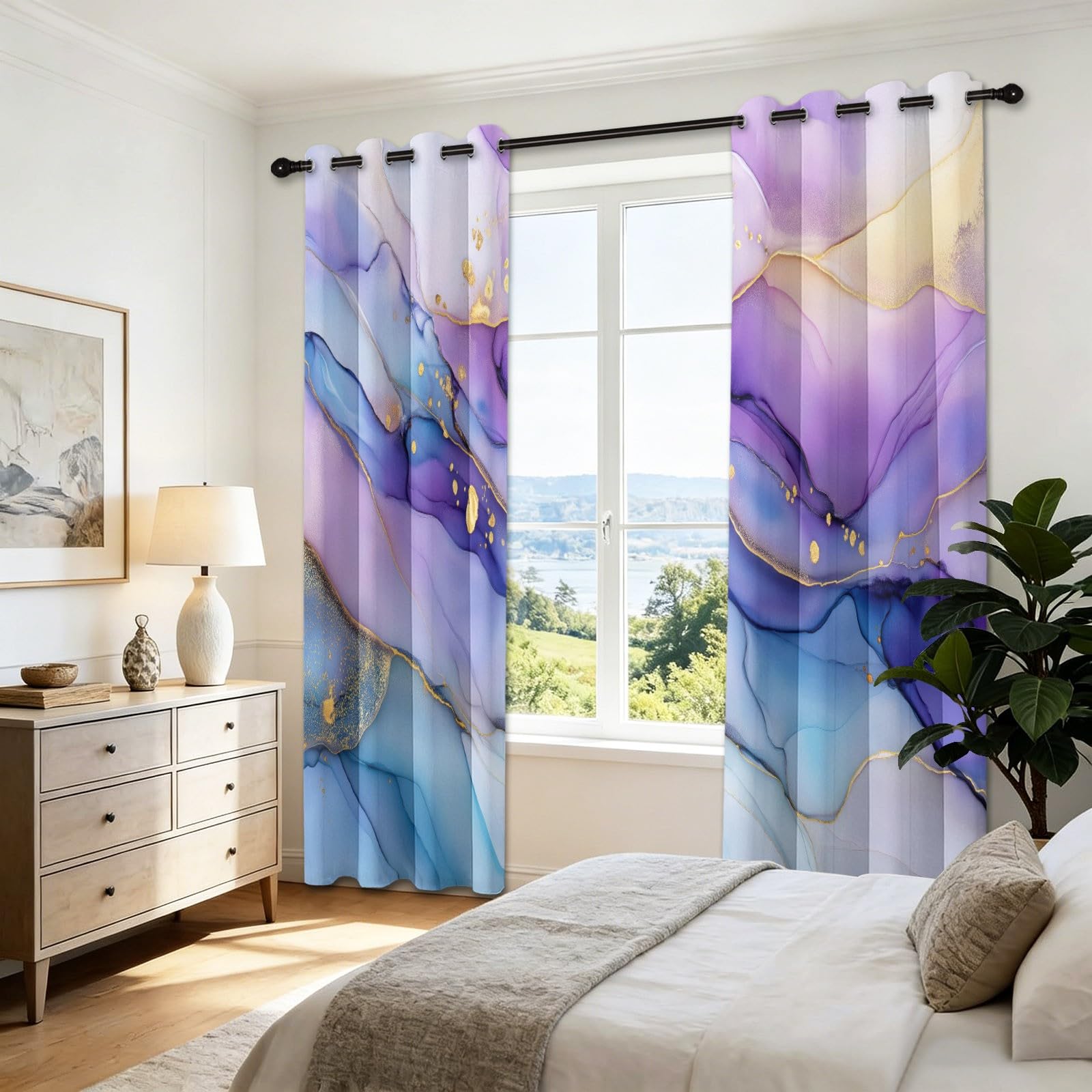 Płynne zasłony z oczkami szer. 117 cm x dł. 137 cm (2 panele), 100% blokujące światło, 240 g/m², miękki materiał zapewniający najwyższą prywatność do pokoju dziewcząt, marzycielski fiolet