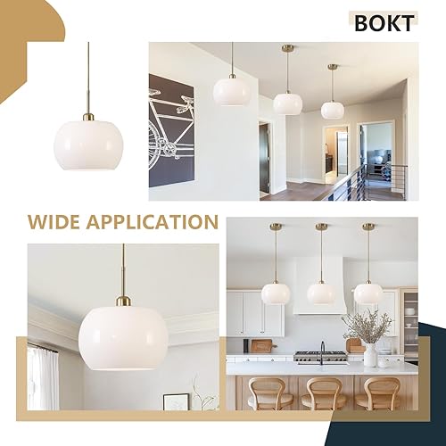 Miniatura 4 de BOKT Lámpara colgante de cúpula dorada de mediados de siglo, moderna lámpara colgante de globo blanco para isla de cocina, lámpara colgante de