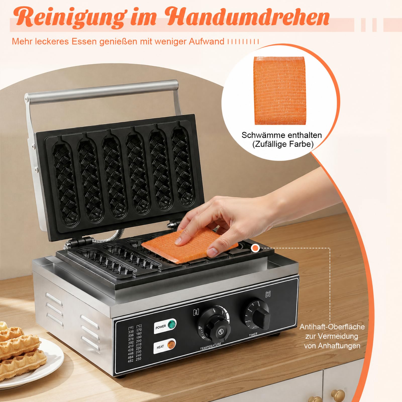 Waffeleosen, 1500W Edelstahl Waffeleisen 6 Waffeln waffeleisen am stiel Antihaftbeschichtung Waffeln Am Stiel Waffelsticks Corn Dogs für Waffeln Am Stiel Waffle Bäckereien, Restaurants