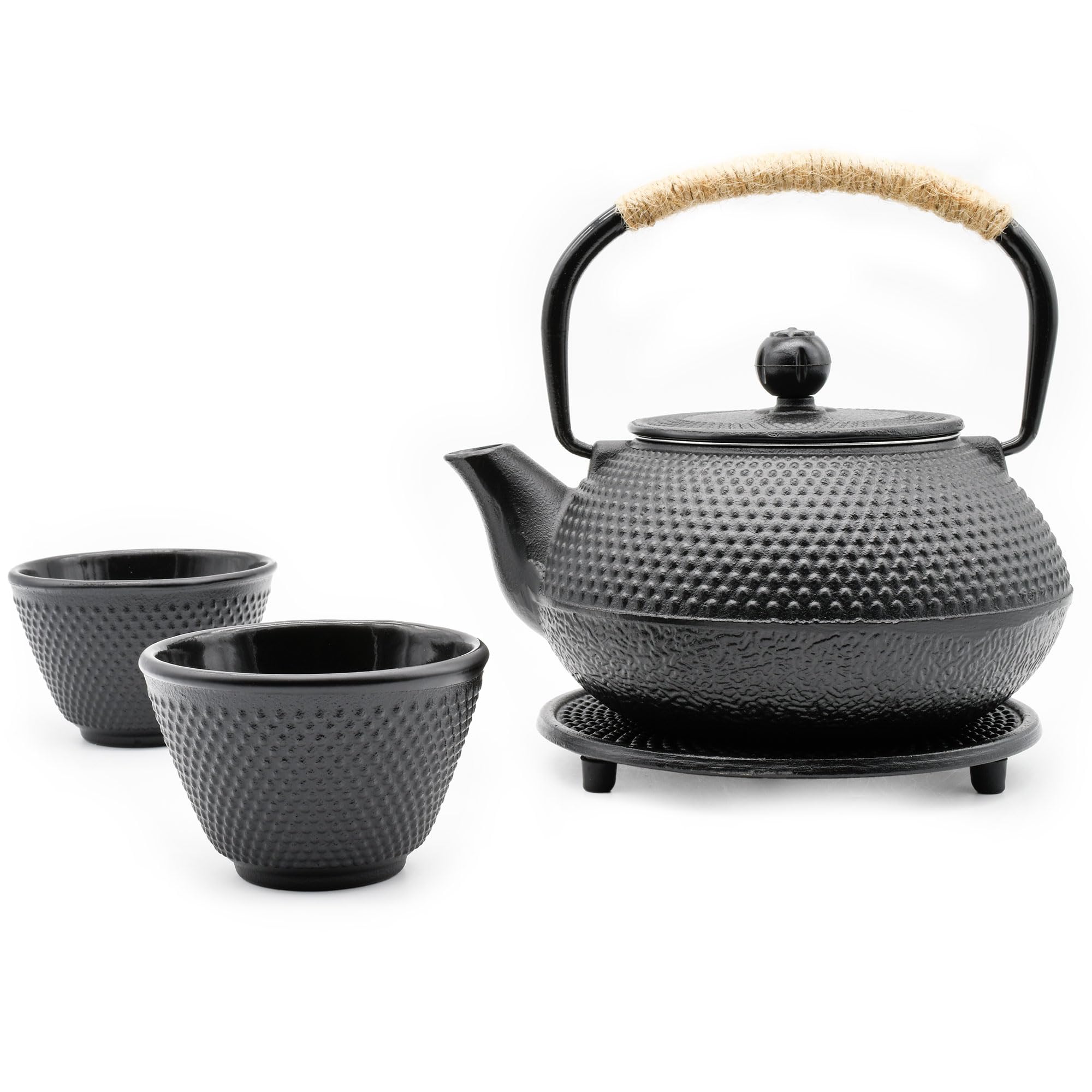 Zen Minded Teiera tradizionale giapponese in ghisa Tetsubin, set da 2 tazze, sottopentola, manico in corda e filtro in acciaio inox, per tè verde e infusi, 800 ml, motivo arare nero