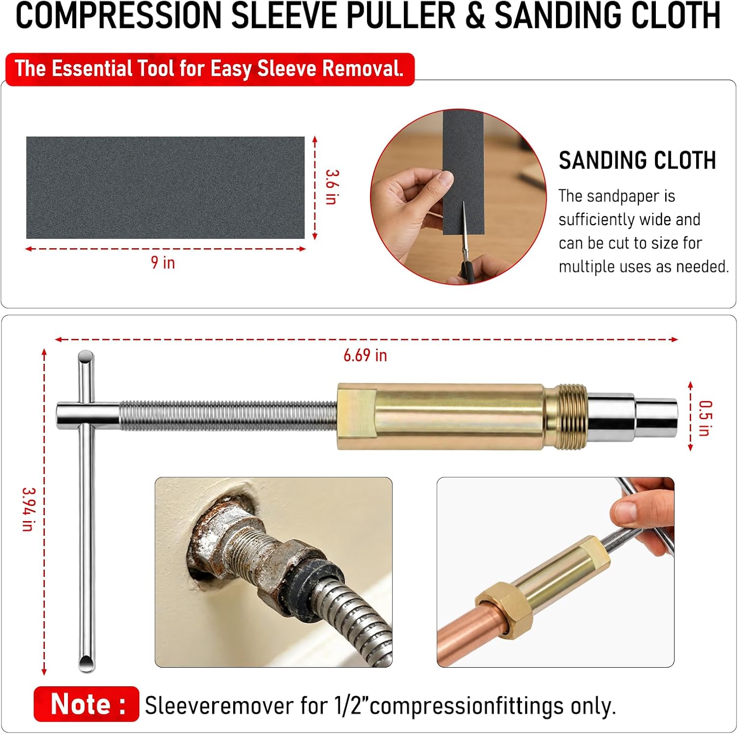 Angle Stop Wrench Kit, 1/2" Compression Sleeve Puller, Pro Plumber Wrench | Plumbing Tool Kit with Protective Gloves, Waterproof Storage Bag & Sandpaper for Frozen & Corroded Angle Stop Valve Repair