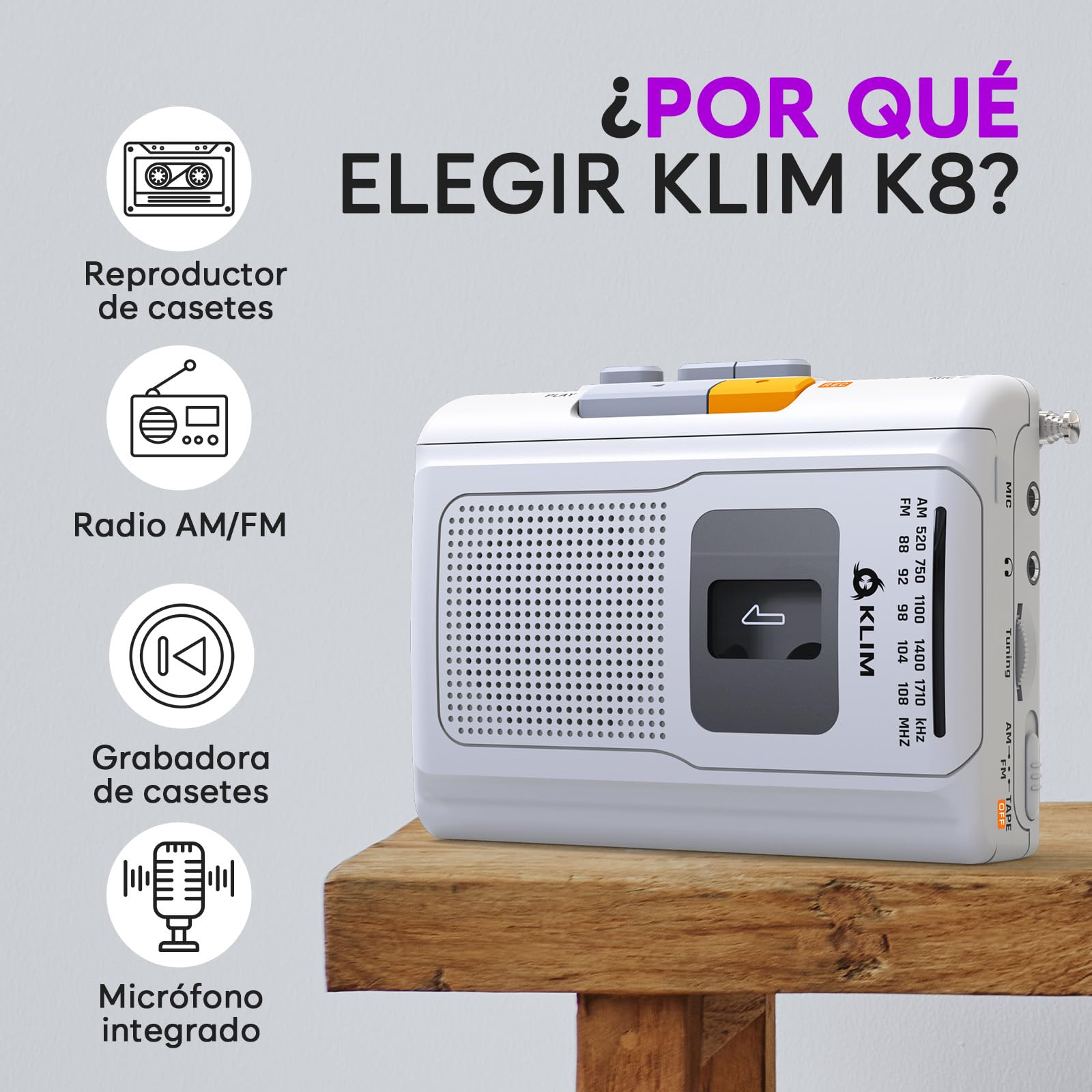 KLIM K8 Reproductor Cassette - Nueva versión - Cassette Player - Am/FM Radio - Micrófono y Altavoz Integrados - Conector para Auriculares y Auriculares - Blanco