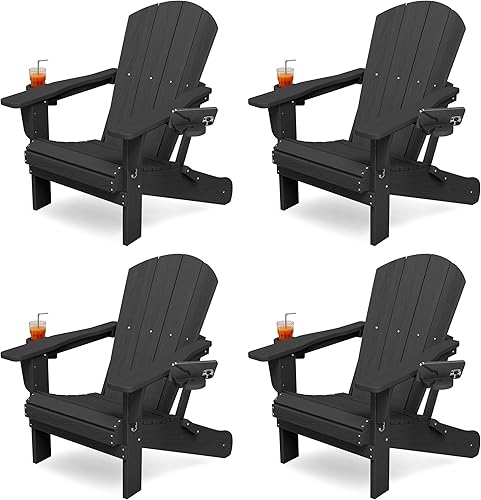 Vista 8 de Silla plegable KINGYES Adirondack con portavasos dobles - Sillas al aire libre de HDPE para todo clima, silla de patio tipo madera para el patio