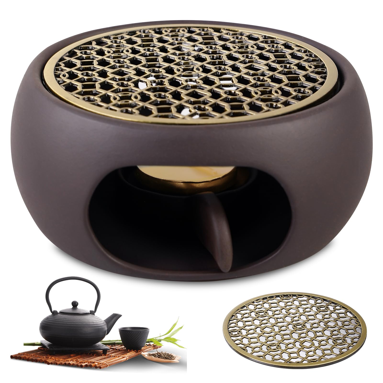 Fornelletto Per Teiera In Ceramica Nera - Con 3 Candele E Tappetino Rame, Design Intagliato, Per Mantenere Caldo Tè E Caffè