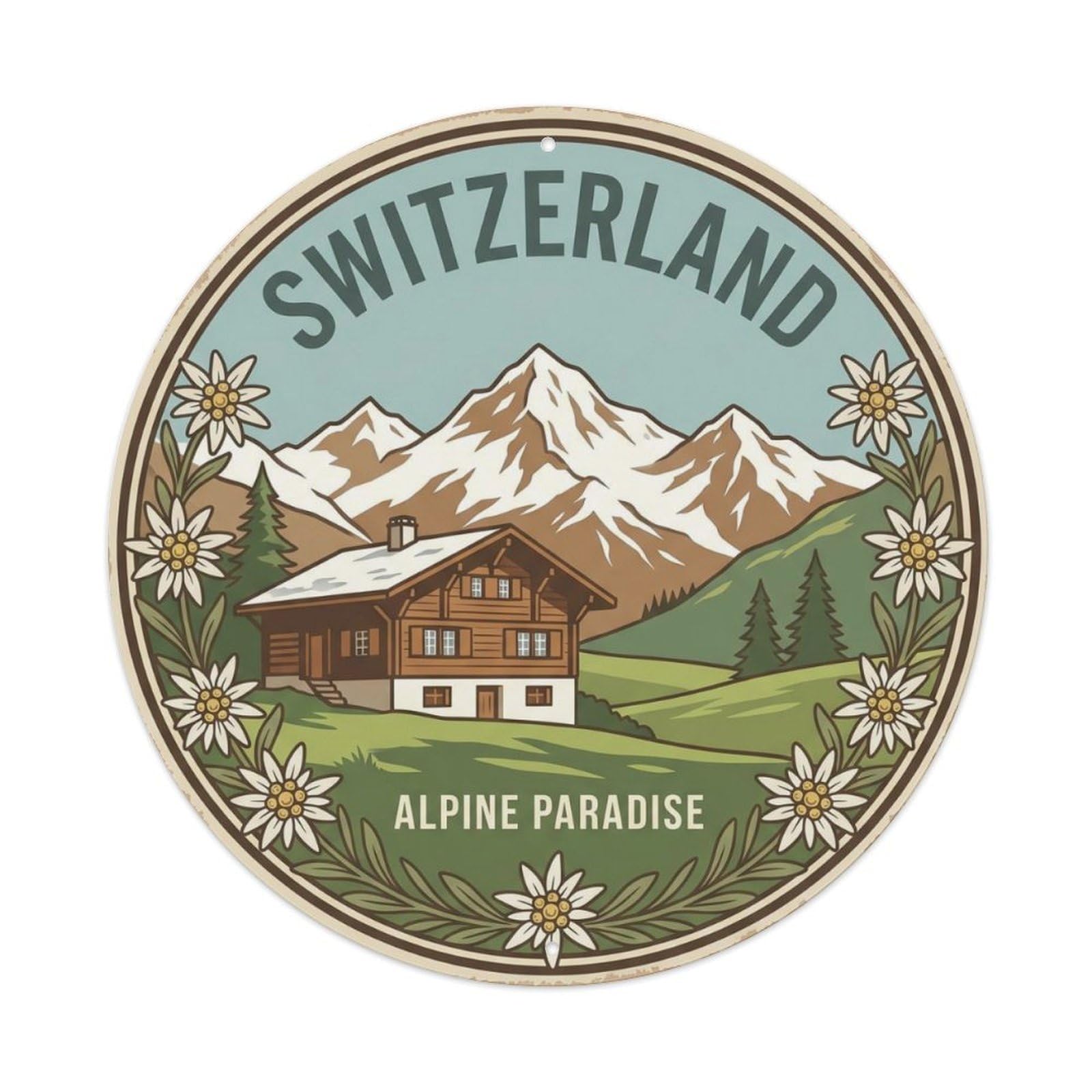 Vintage Travel Alps Mountain Switzerland Metal Tin Sign Plaque Wall Decor for Cafe, Club Bar, Office, Home Garden Round Metal Poster 8x8Inch