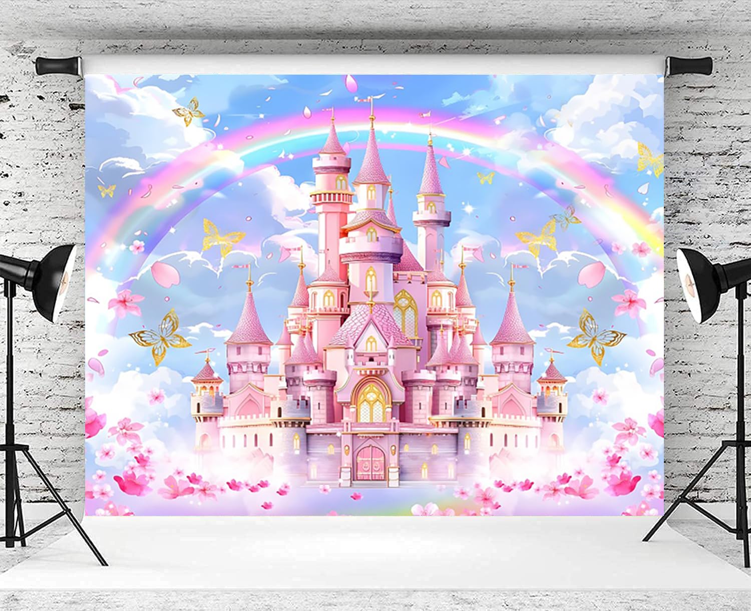 Sfondo di Principessa Castello 3x2m, Castello Rosa Arcobaleno Farfalla Floreale Fotografia Sfondo Principessa Bambina 1° Compleanno Baby Shower Festa Decorazione Banner Attrezzi da Studio