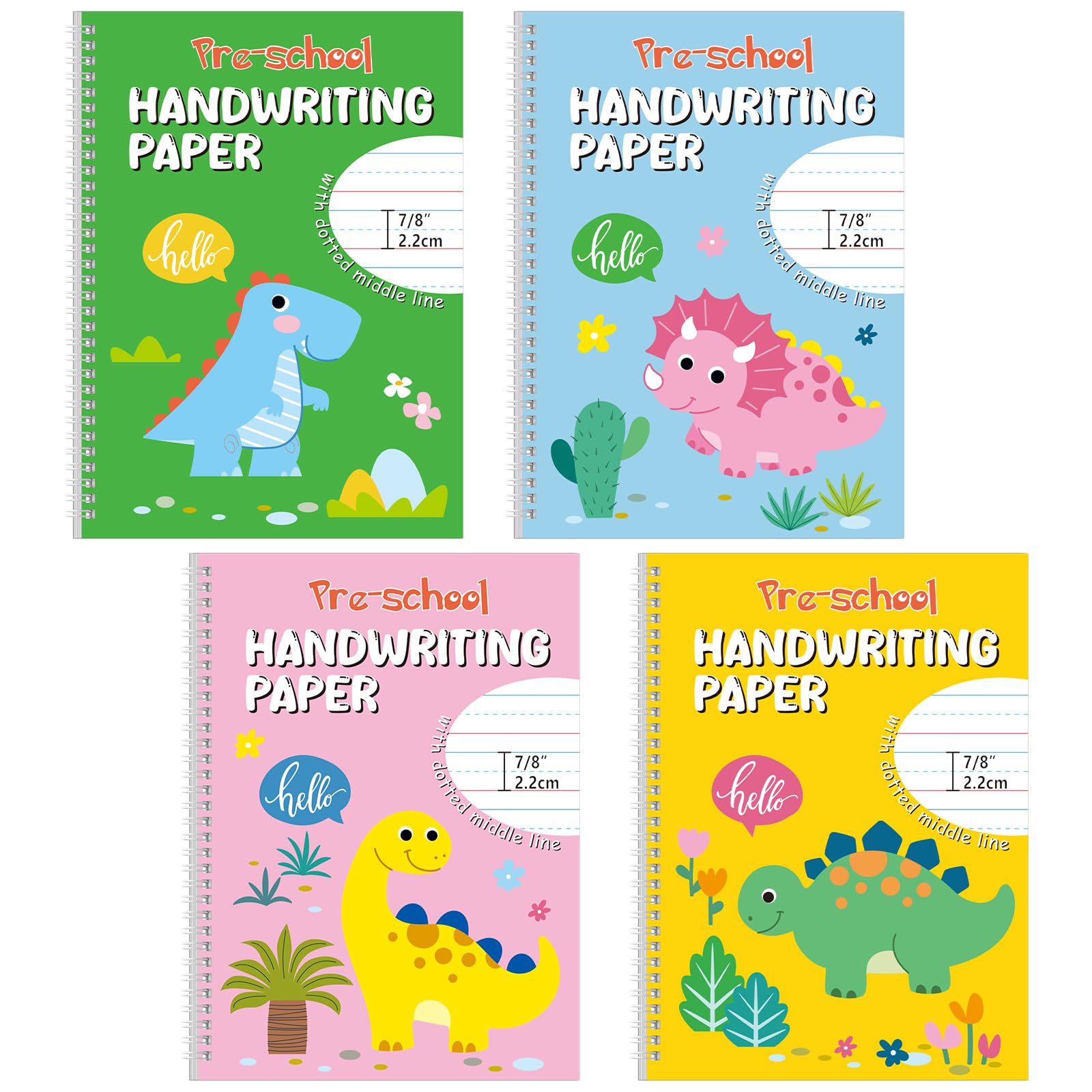 4 Pcs A4 Preschool Handwriting Practice Paper Notebook for Kids Spiral Bind Lined Paper with Dotted Midline Composition Notebooks Writing Paper for Pre-k Alphabet Number Writing, 100 Thick Ruled Pages