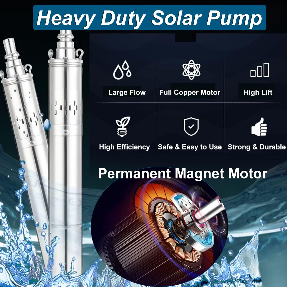 Solar Water Pump, DC Submersible Deep Well Pump, 3 inch Stainless Steel Deep Well Pump with 50ft Power Cord for Industrial Irrigation Household Water Tank Water Supply (12V-250W Well Pump)
