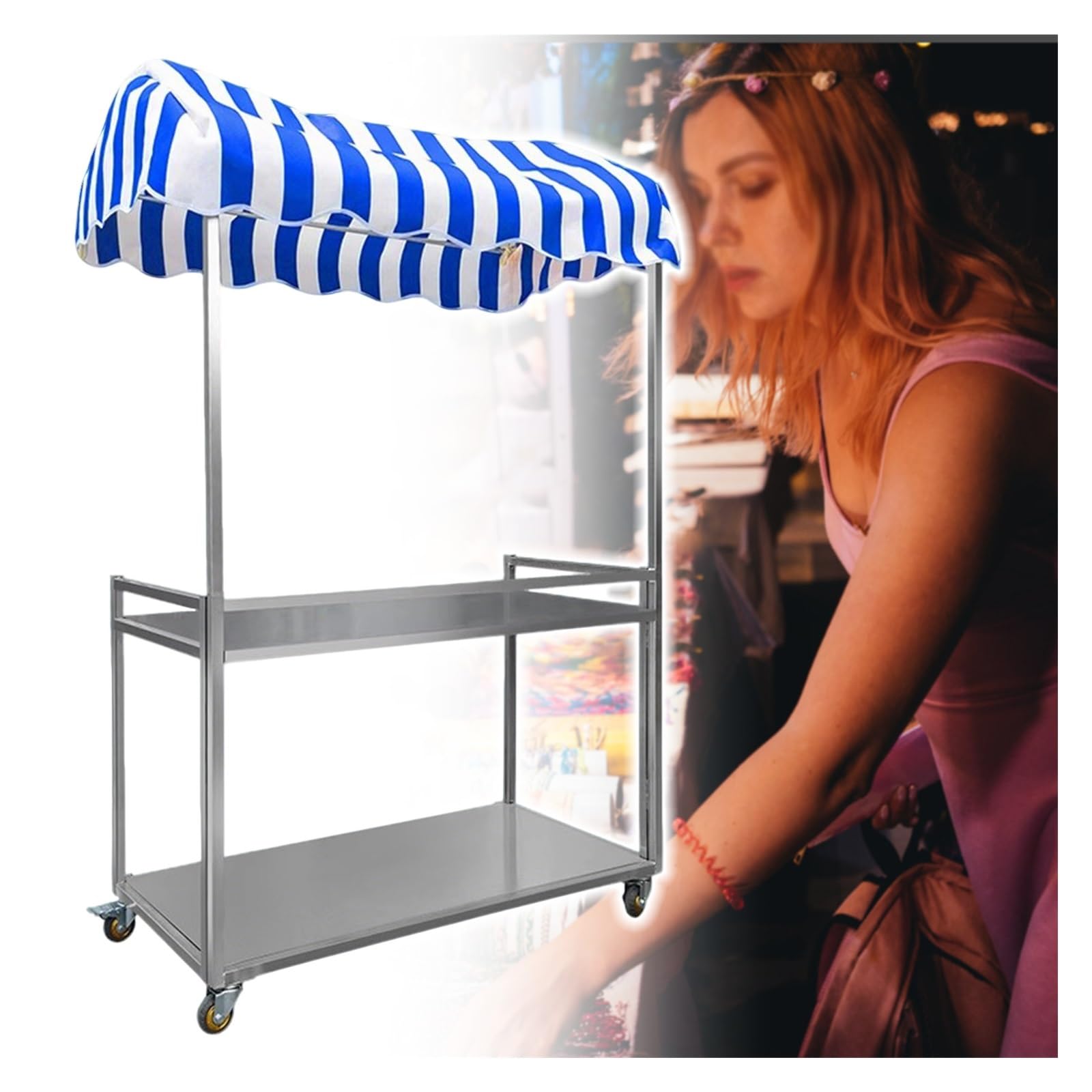 Jyhhcys Blue Foldable Street Food Vendor Cart, Mobile Metal Vendor Kiosk Stall Street Snack Cart On Wheels, Commercial Outdoor Folding Snack Cart For Street, Events(,60X120cm/23.6X47.2in)