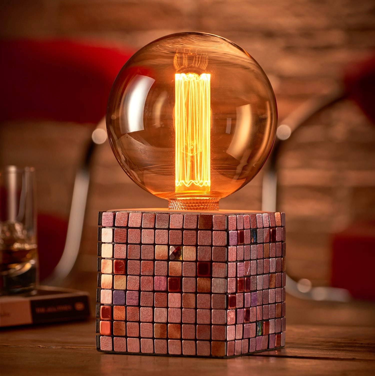 Auraglow Mysa Modern Contemporary Colourful Mosaic Effect Stone Cement Cube Bedside Desk Table Lamp/Light - with G125 LED Bulb