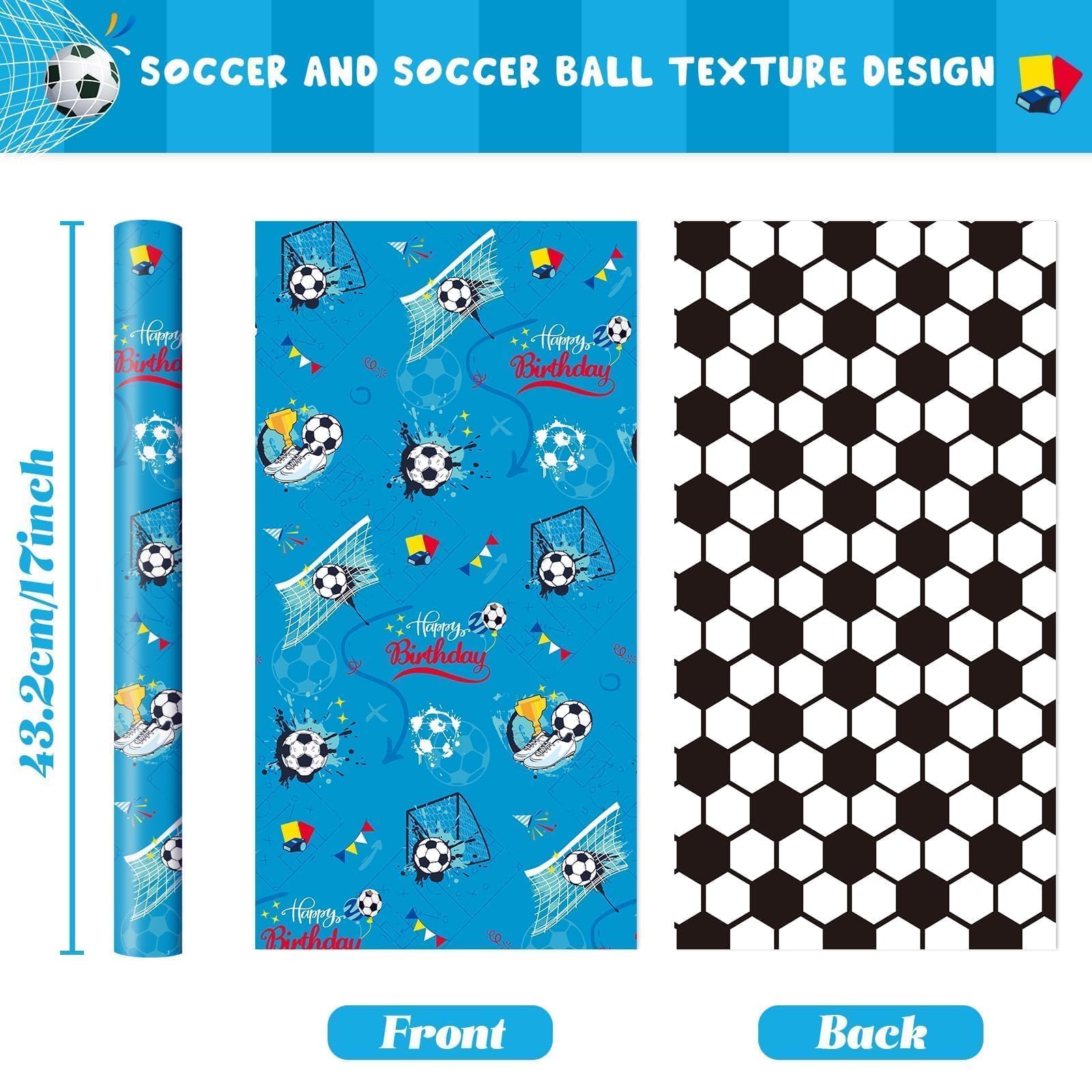 WERNNSAI Papel de regalo de fútbol – 1 rollo de papel de regalo de fútbol para cumpleaños de niños, joven, fiesta de cumpleaños de fútbol, decoración azul, papel de regalo deportivo con línea de corte