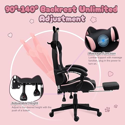 Miniatura 6 de Dowinx Silla Gamer para niñas, con orejas de gato y soporte lumbar de masaje, ergonómica, con reposapiés y reposacabezas, cómoda, reclinable,