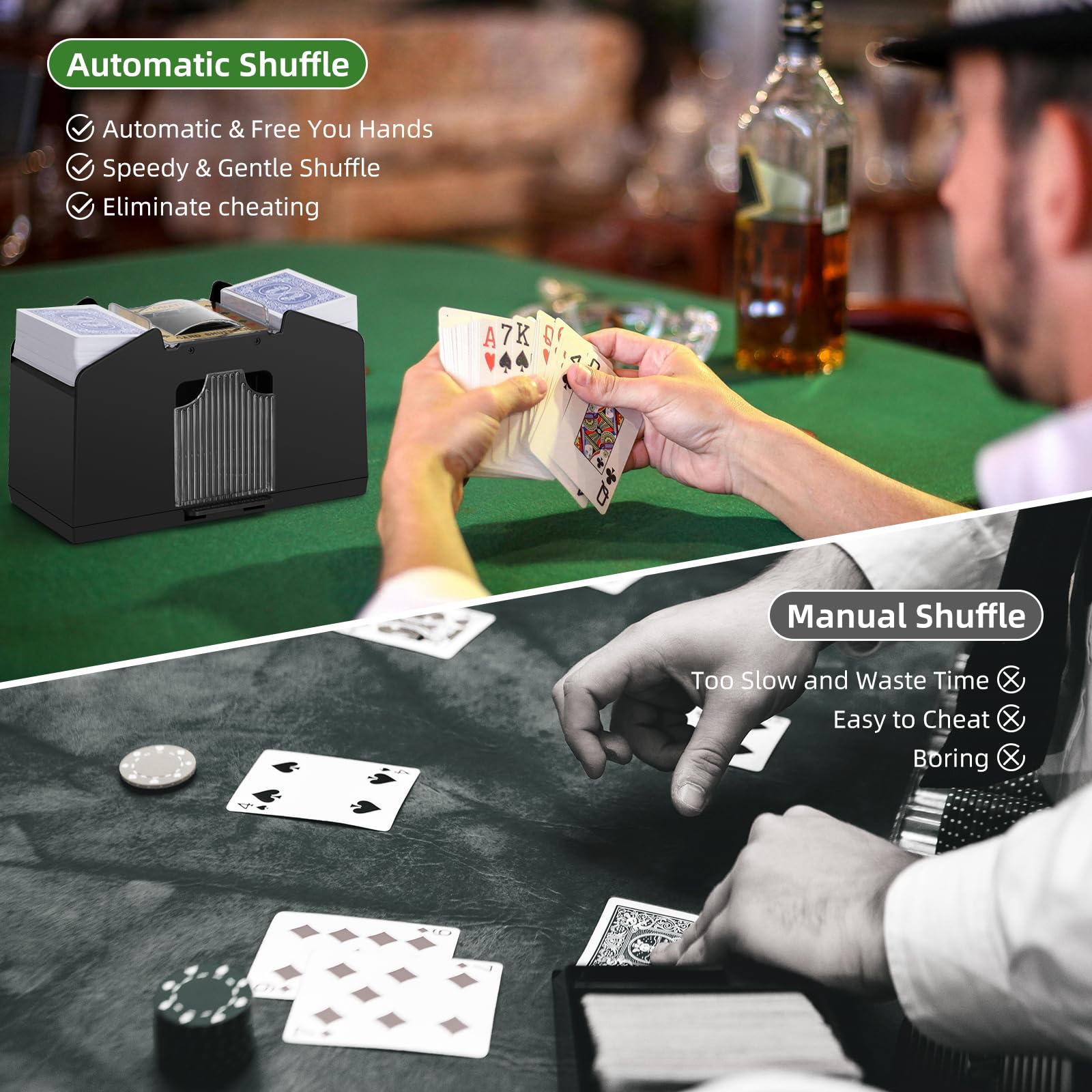 Barajador automático de cartas de 1/2/4 cubiertas, barajador de cartas eléctrico con pilas para UNO, juego de cartas de casino, póker, fase 10, blackjack, Texas Holdem, juegos de cartas para 2