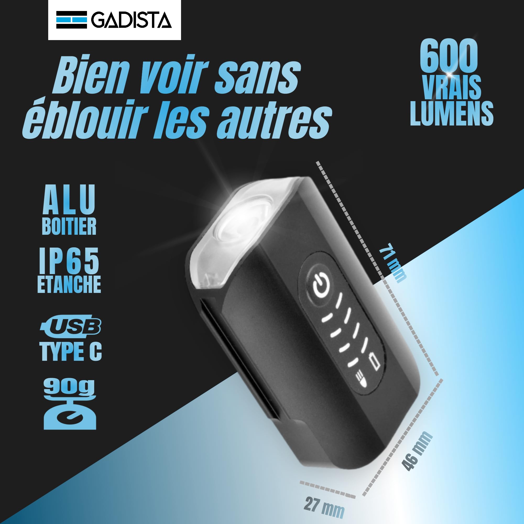 GADISTA France, Lumiere Velo Avant et feu Arriere Velo intégré 2en1, Lampe Velo LED puissantes Rechargeable USB, Eclairage Velo a LED Puissant, Accessoire Velo, Accessoire Trottinette Electrique