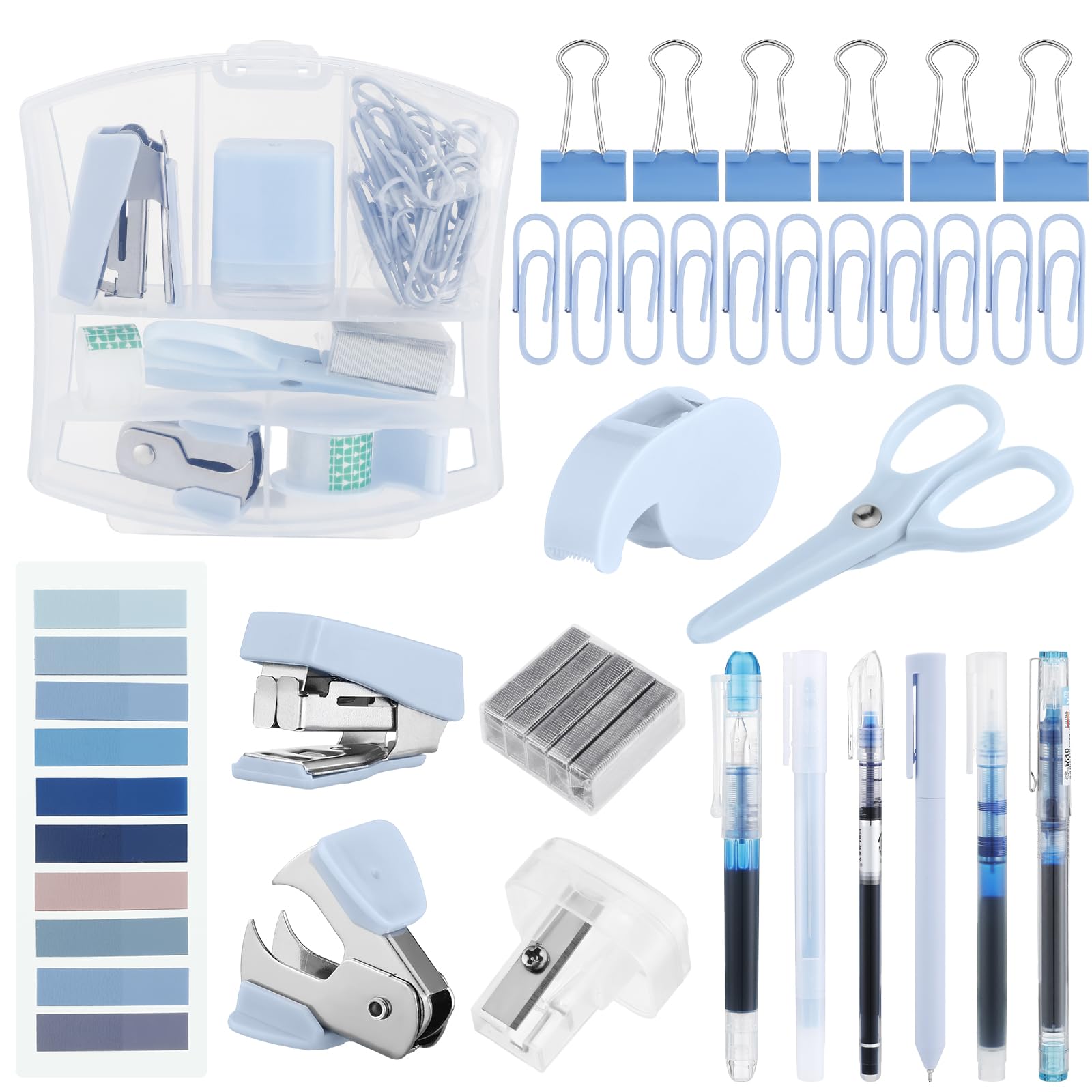 Colarr Mini Office Supply Kit Includes Stapler Tape Dispenser Staple Remover Paper Clips Scissor Staples Pen Sharpener Note Small Telescopic Knife for Office and School Clerk Student (Blue)