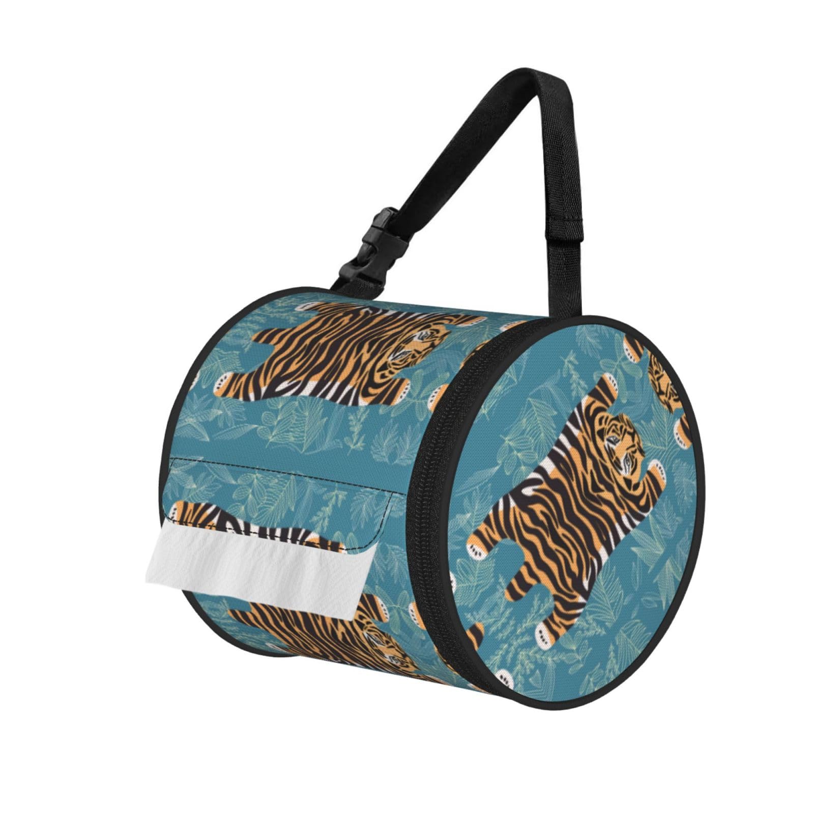 Tiger-Print Print Round Tissue Dispenser Bag With Carry Strap, Portable Roll Holder For Car Travel Home