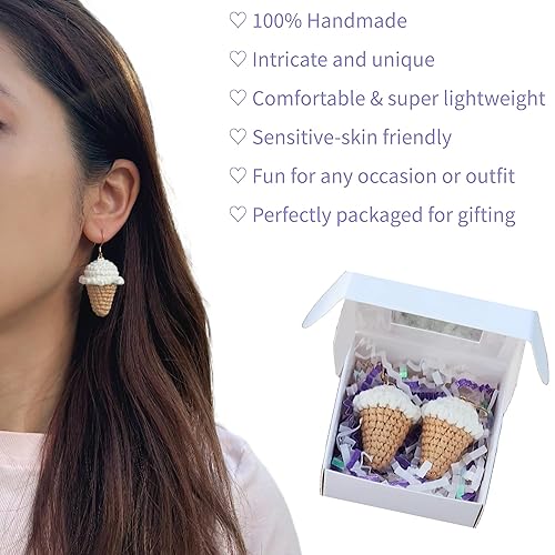Vista 2 de Crochet Earrings - 100% HANDMADE Hypoallergenic Jewelry Cute Women's Gift (Ice Cream Cone - Cream Vanilla) Baby Chick,Ice Cream Cone - Cream