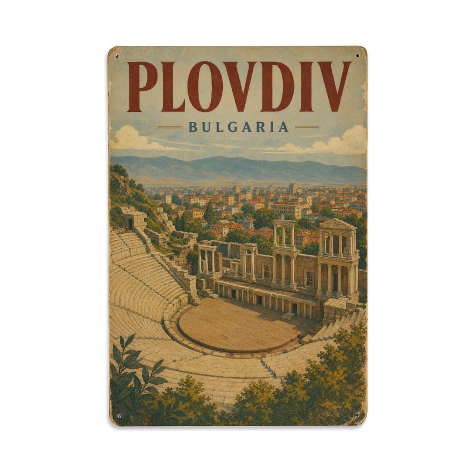 Retro Travel Bulgaria Plovdiv Metal Tin Sign Plaque Wall Decor for Cafe, Club Bar, Office, Garden Metal Poster 8x12Inch