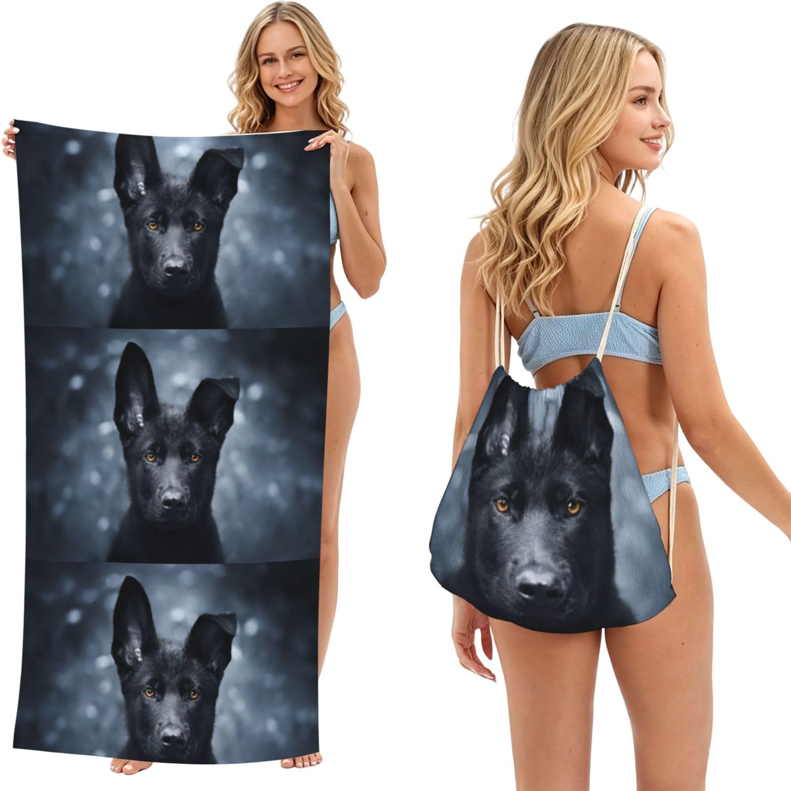 Poadnly As Picture Black German Shepherd Puppy German Shepherd, 2 In 1 Packable Towel Bag, Beach Towels With Drawstring Backpack For Travel Holiday Camping