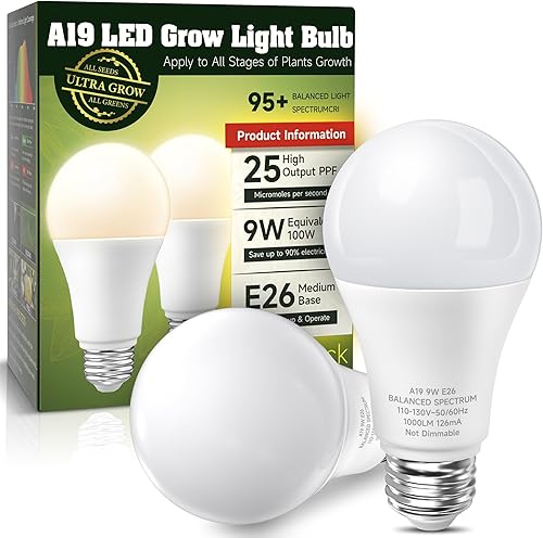 Bombillas de crecimiento, bombilla LED de crecimiento A19 de espectro completo, bombillas equivalentes a 100 W, base E26, luz de crecimiento de 9 W
