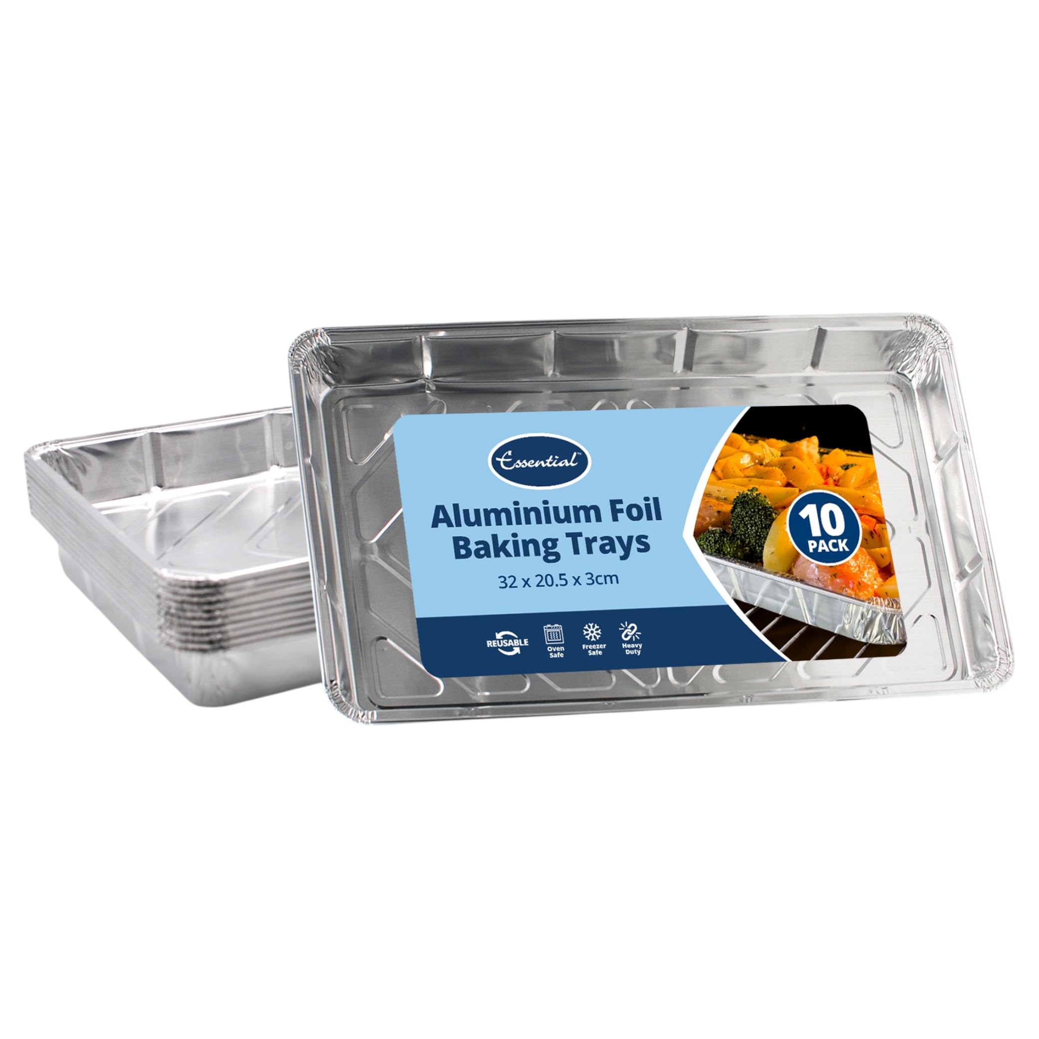 Essential Housewares Silver 10 Aluminium Foil Trays - 32 X 20 X 3.3Cm Heavy Duty Disposable Foil Roasting Tray Traybake Tin. Metal Food Trays For Oven Roasting, Catering & More.