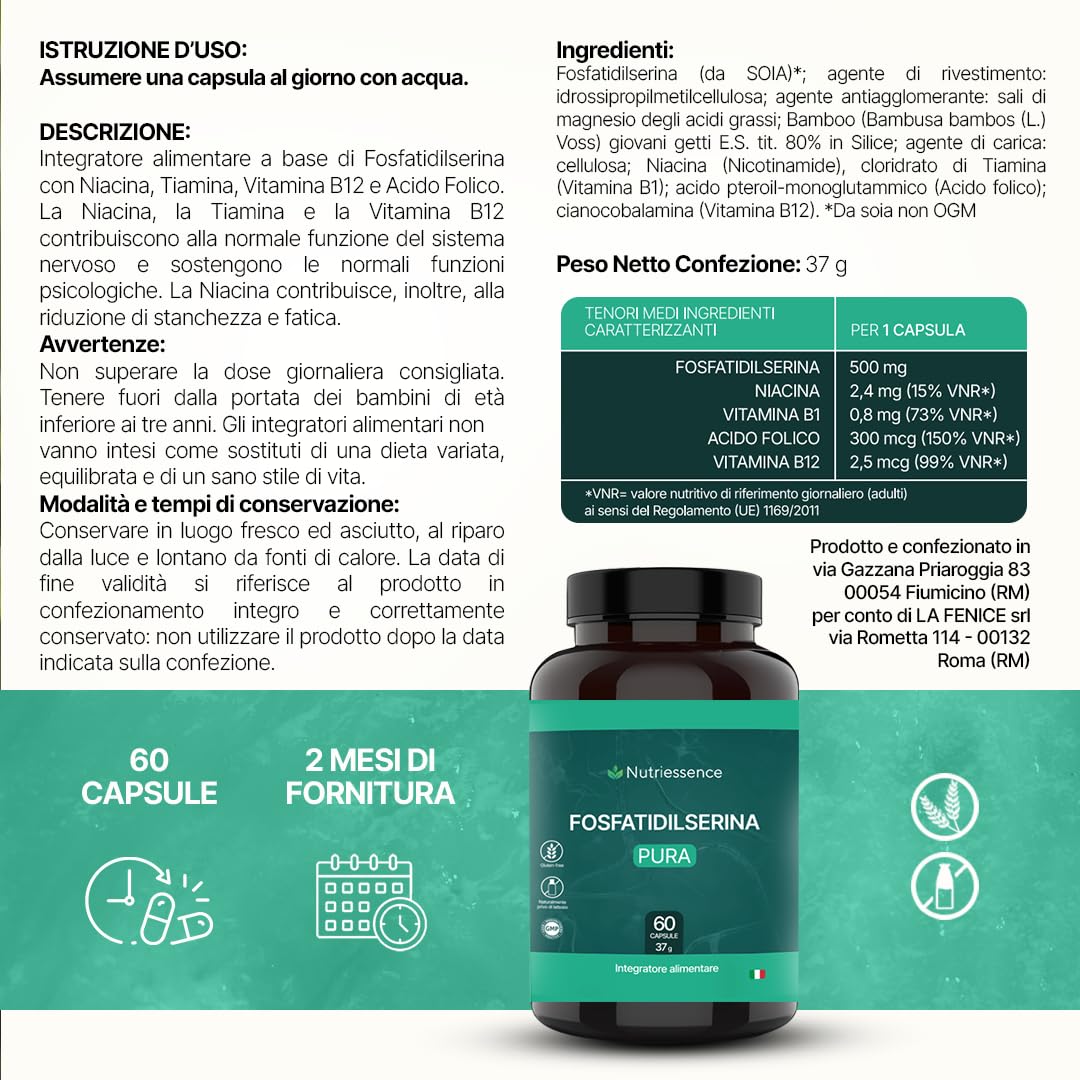 Fosfatidilserina 500 mg | Maxi Dosaggio Formato 60 Capsule | 2 Mesi di Rifornimento | Con Vitamine B1, B3, B9 e B12 | Migliora Memoria, Concentrazione e Focus Mentale |Senza Glutine e Lattosio