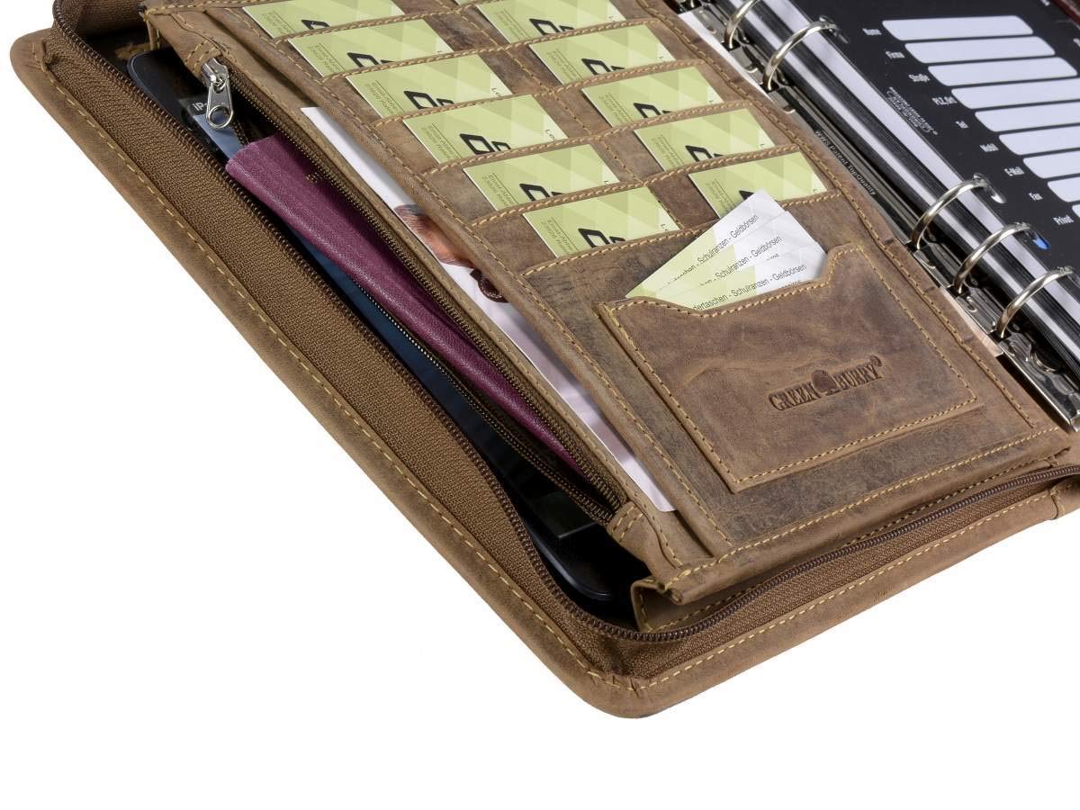 Greenburry Terminplaner A5 (23x26cm) Leder Terminkalender Vintage antik braun mit Reißverschluss inkl Kalender 2025