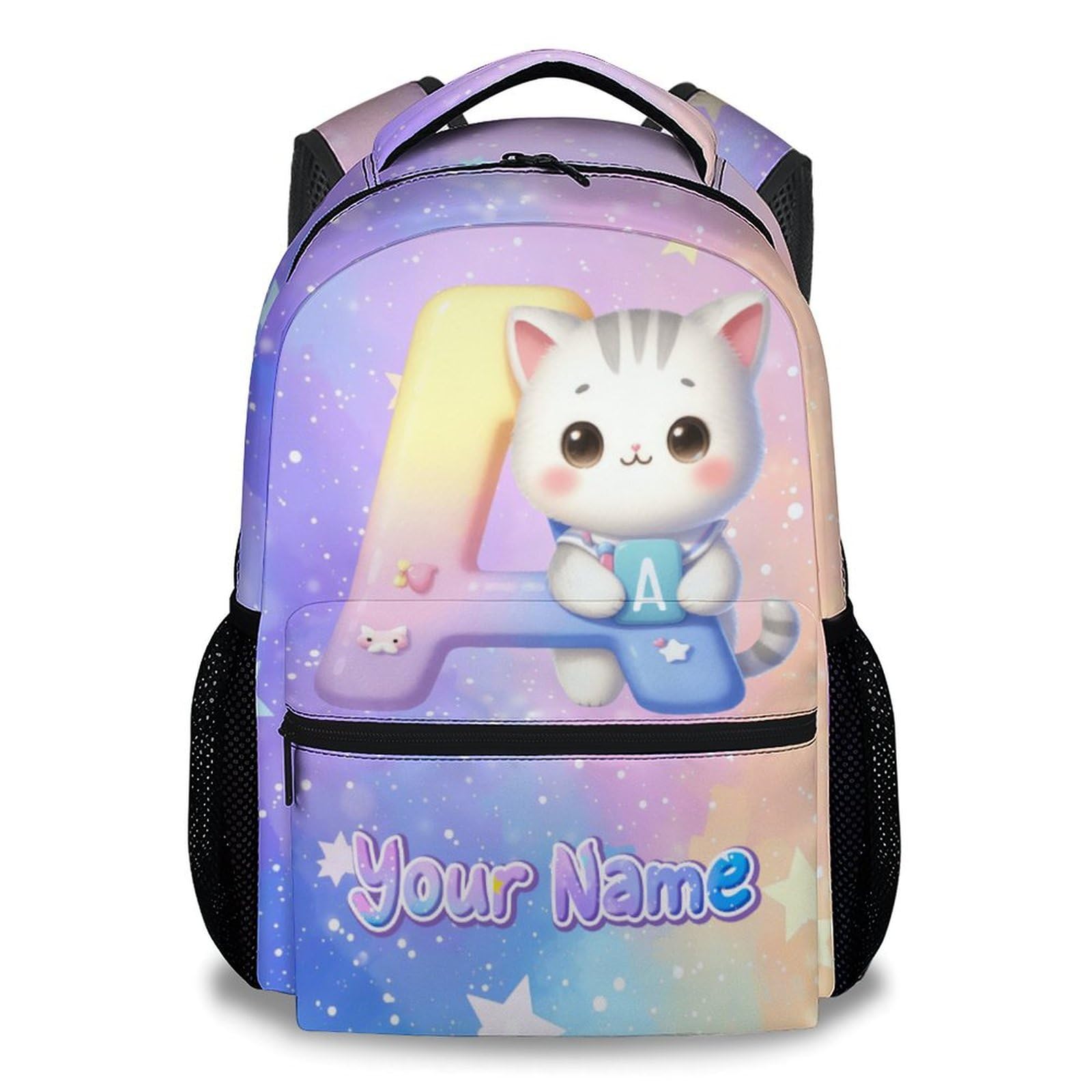 Kids Backpack for Girls, Personalized Cat Backpacks for School, Custom Initial Name Bookbag for Elementary Middle School, 17 Inch Cute Customized