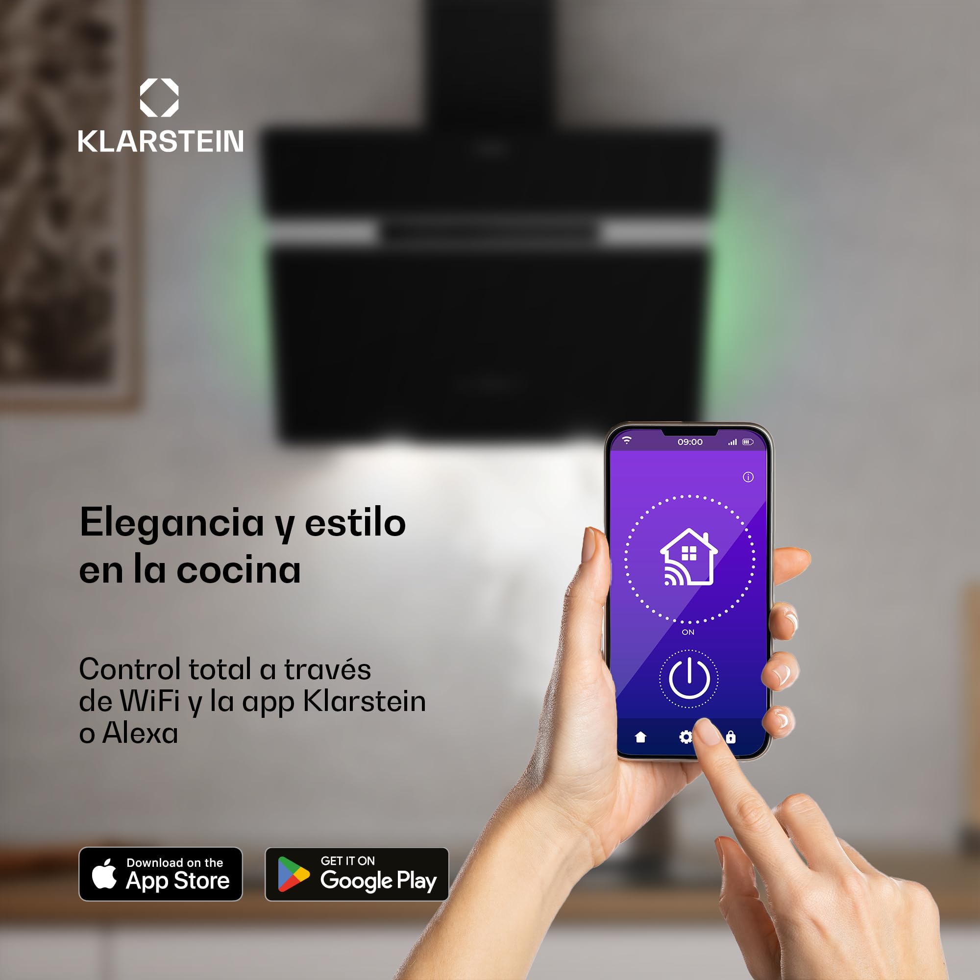 Klarstein Alina Campana Extractora - 60cm Decorativa, 600 m³/h, Control Smart, LED, Clase A, Recirculación, 68 dB, Negro — view 3