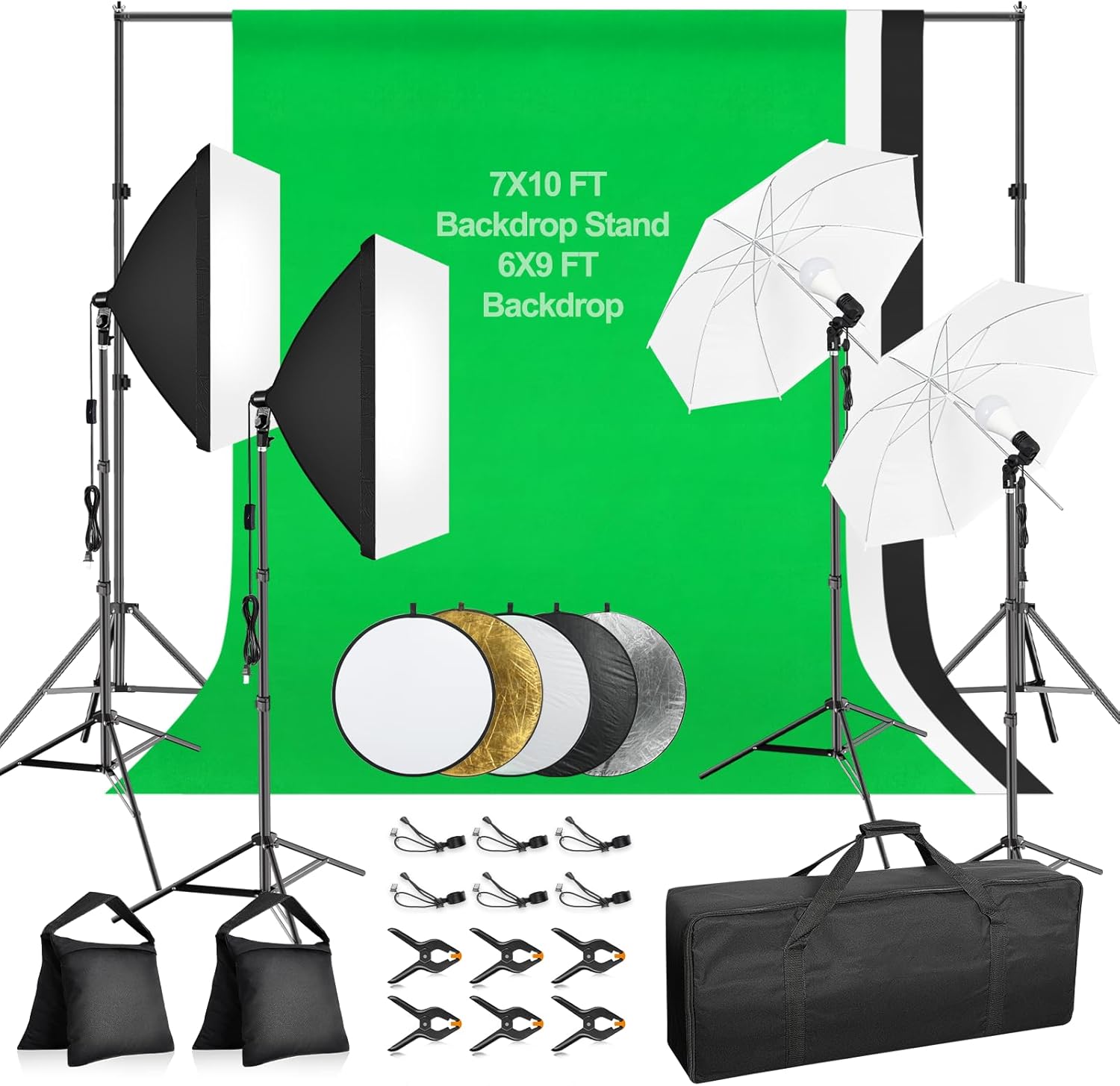 7x10ft Photography Lighting Kit with 3-Color 6x9ft Backdrops, Umbrella & Softbox Continuous Lighting with 50W LED Blub, 5 in 1 reflectors for Photo Studio Portrait Video Recording