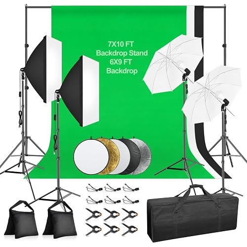 7x10ft Photography Lighting Kit with 3-Color 6x9ft Backdrops, Umbrella & Softbox Continuous Lighting with 50W LED Blub, 5 in 1 reflectors for Photo Studio Portrait Video Recording