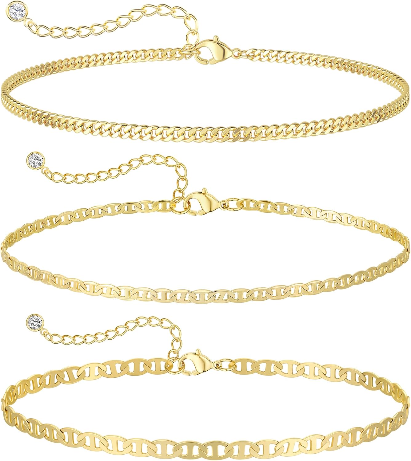 MIDEEO Gold/Silver Ankle Bracelets for Women,14K Gold Anklets for Women Waterproof Cuban Link Heart Beads Herringbone Rhinestone Anklets Set Layered Anklet Bracelets for Women Gold Jewelry Gift