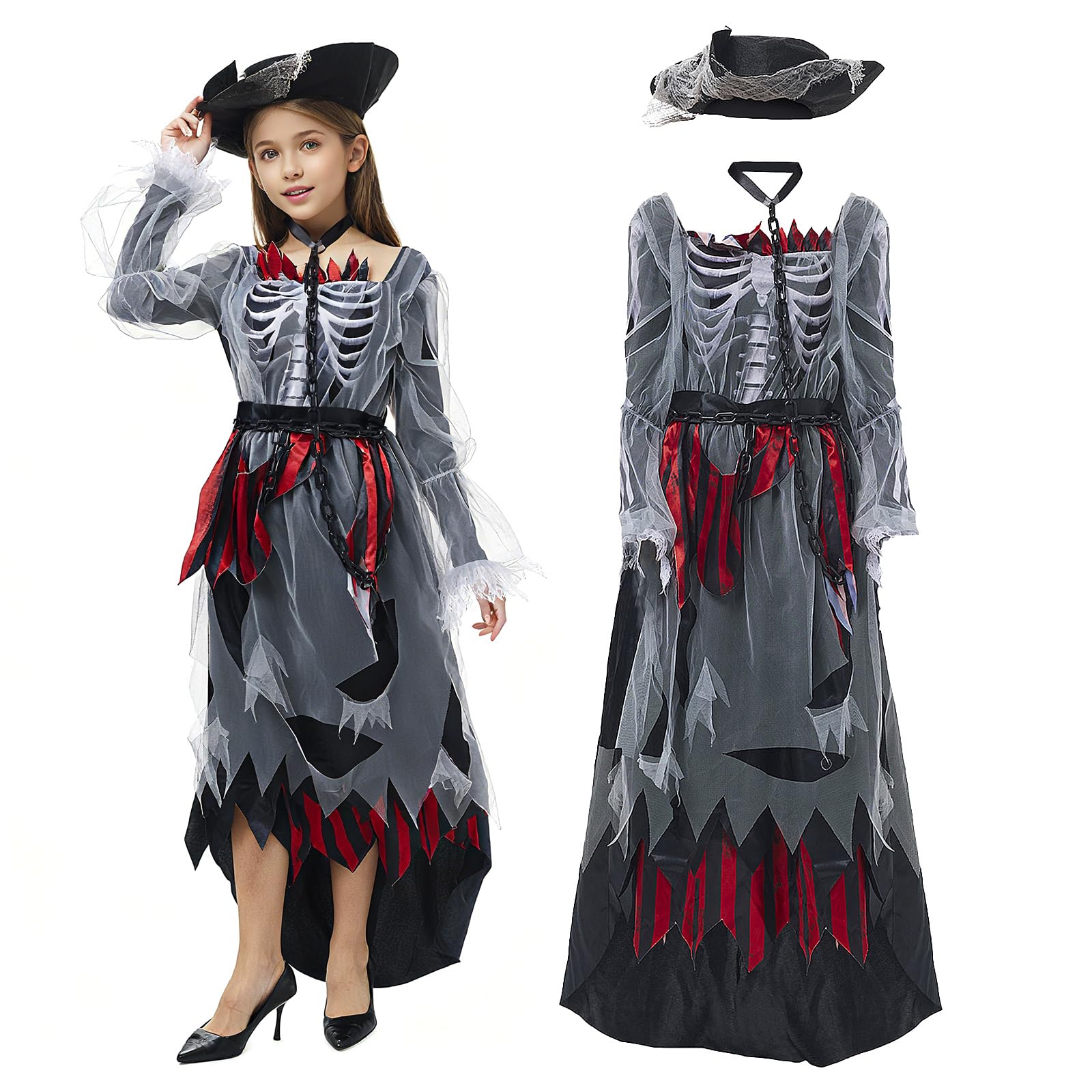 Pirate Zombie Costume Girls Pirate Dress Set including Pirate Hat Horror Scary Skirt Medieval Gothic Viking Clothing Children for Halloween Carnival Theme Party (130 cm)