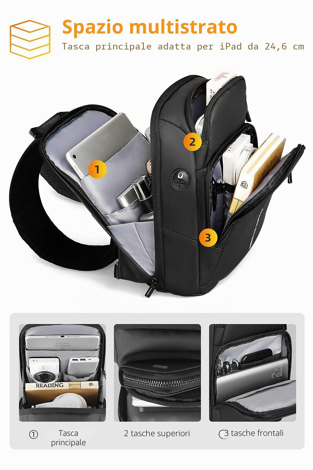 MARK RYDEN Borsa a tracolla antifurto Zaino a tracolla petto a tracolla Zaino leggero casual impermeabile per iPad da 9,7 pollici
