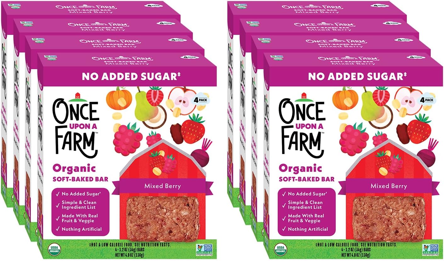 Once Upon a Farm | Organic Mixed Berry Soft Baked Bar | Strawberry, Raspberry, Beet & Oats | Made with Real Fruit & Veggies | No Added Sugar | 8 Boxes