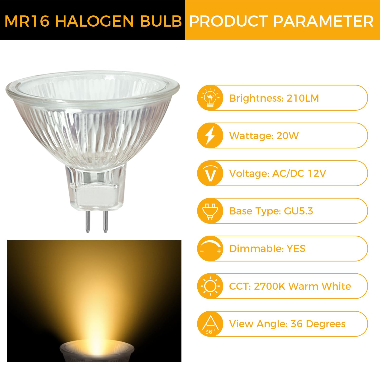 CNMTCCO MR16 Halogen Light Bulbs, 6 Pack, 12V 20W GU5.3 Dimmable Spotlight Bulbs, 2700K Warm White - Image 2