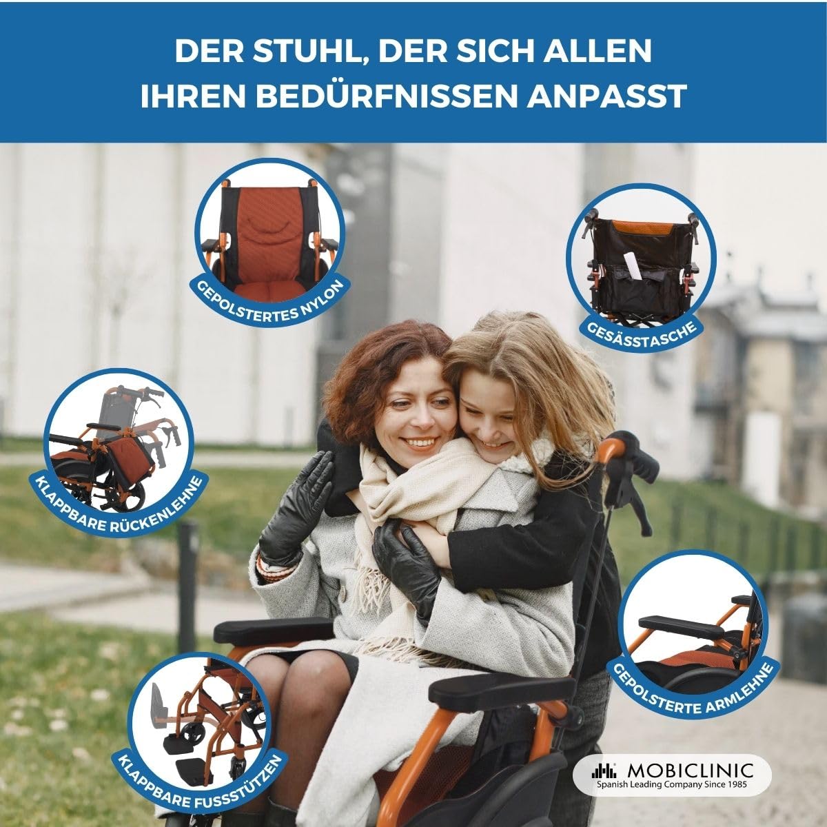 Mobiclinic®, Rollstuhl, Klappbar, Leichtgewicht, Sitz 46 cm, Zwei bremssysteme, Klappbare rückenlehne, Aluminium, Fußstützen, Modell pirámide, Kleine räder, Feste armlehnen