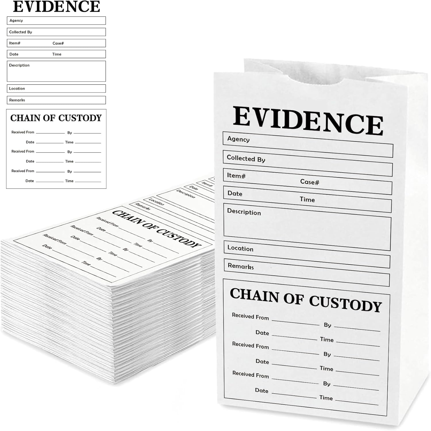 Paper Evidence Bags 25 Pack Stick on Evidence Bag 9.45 * 5 * 3 inch White Evidence Bag for Forensics Class,Theme Birthday Party