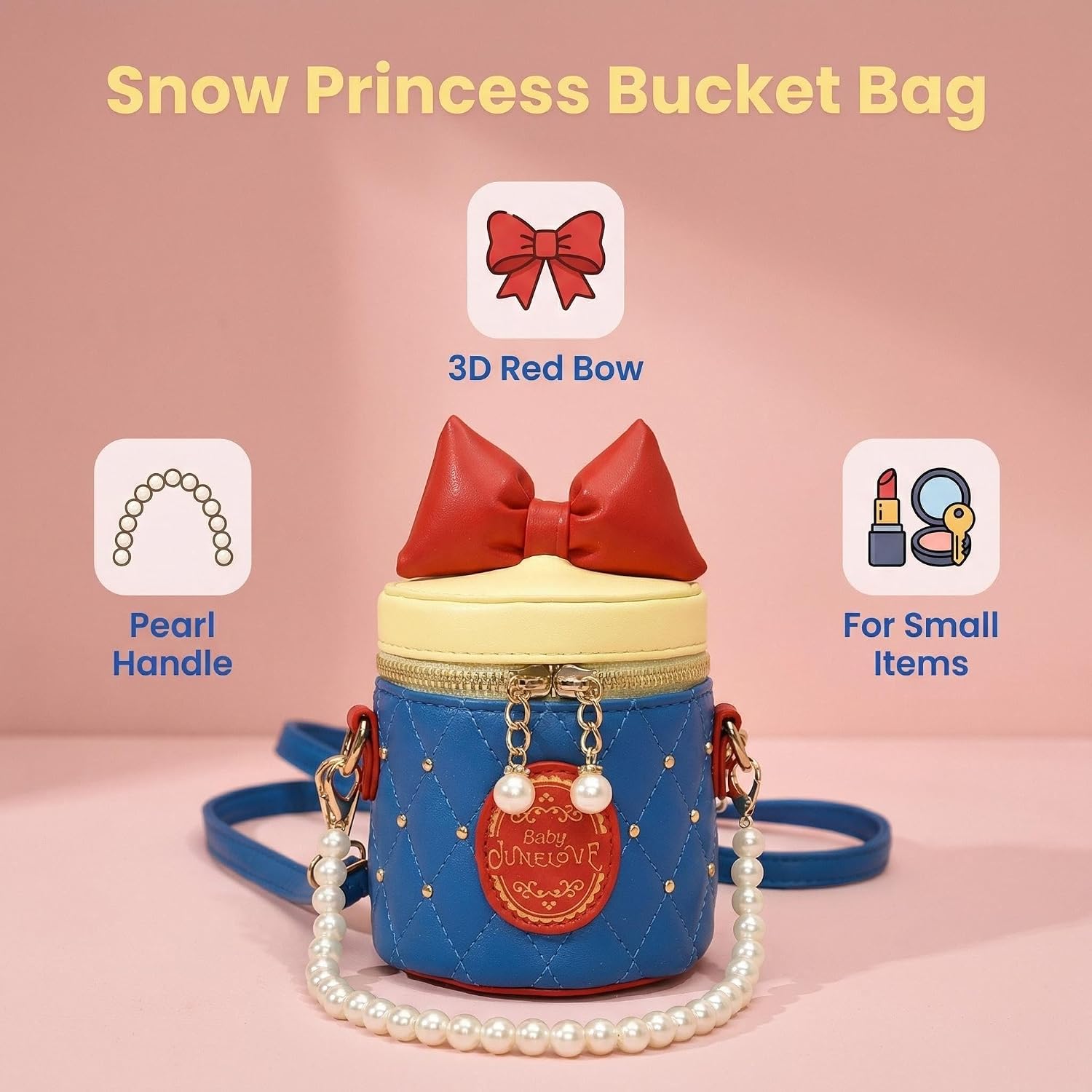 Little Girls Purse, Beaded Mini Bucket Bag Crossbody with Pearl Chain, Princess Purse for 3-8 Years Birthday Gift