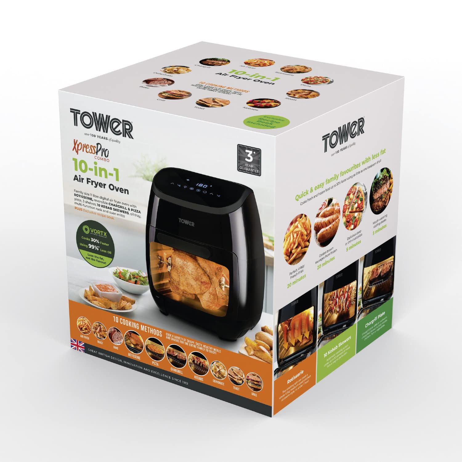 Tower Xpress Pro Kombinacja T17076 Vortx 10-in-1 Cyfrowy Air Frytkownica Piekarnik z Rapid Air Obieg, 60-Minuta Timer, 11 L, 2000 W, Czarny