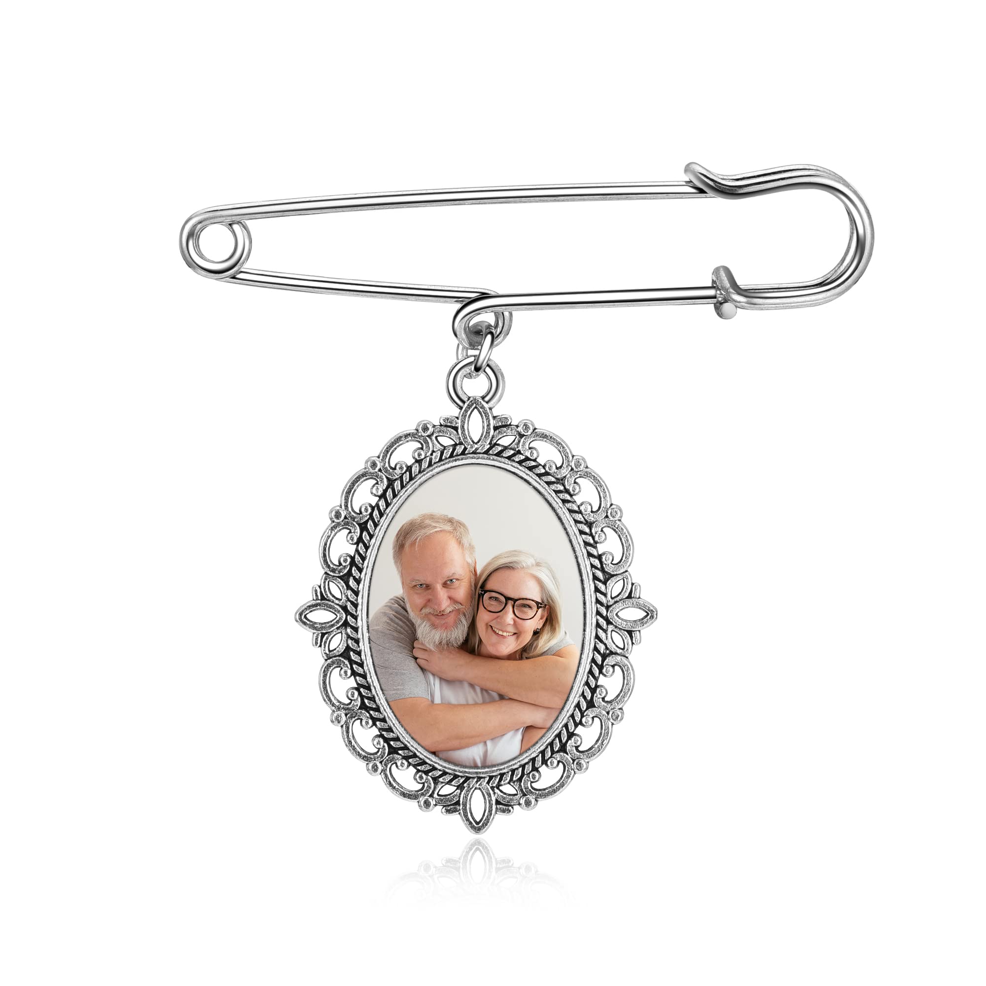AllerPierce Personalized Wedding Bouquet Charms Photo Memory, Bridal Bouquet Charm in Antique, Boutonniere Pin Brooch Picture Custom Memorial Gift for Bride Groom Mum Nan Grandad Dad