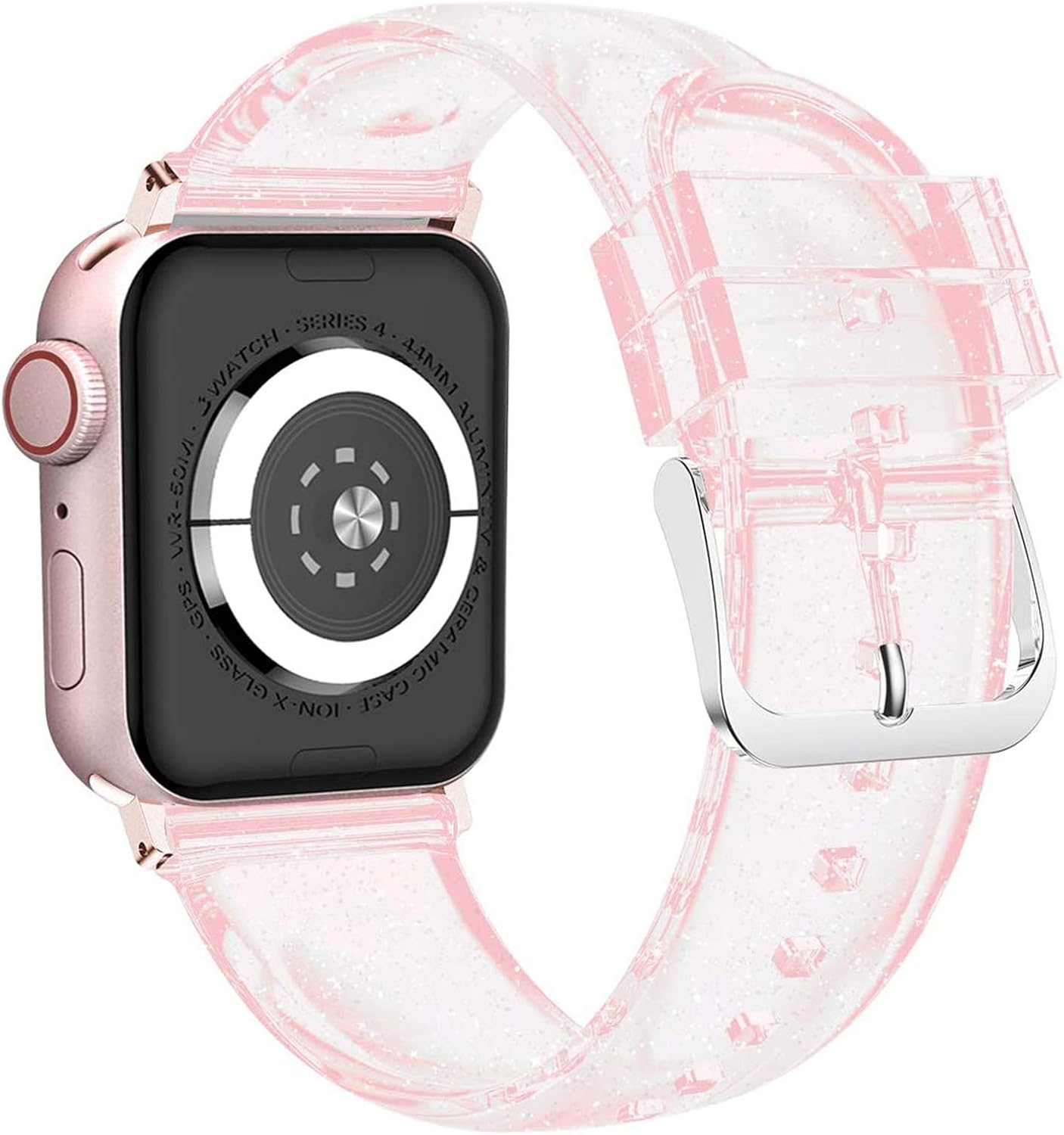 iiteeology Compatible with Apple Watch Band 42mm 41mm 40mm 38mm, Soft Glitter Clear iWatch Bands for Women Series 1-11 - Pink/Silver Band + Rose Gold Connector image 2