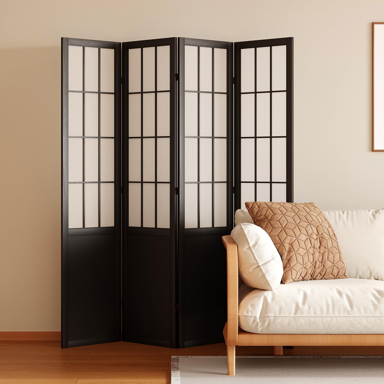 Room Divider, 66.9Inch Tall Japanese Shoji Style Folding Wood Screen with Double Hinges for Home Office Bedroom Hotel Decoration (4Panels, Black)