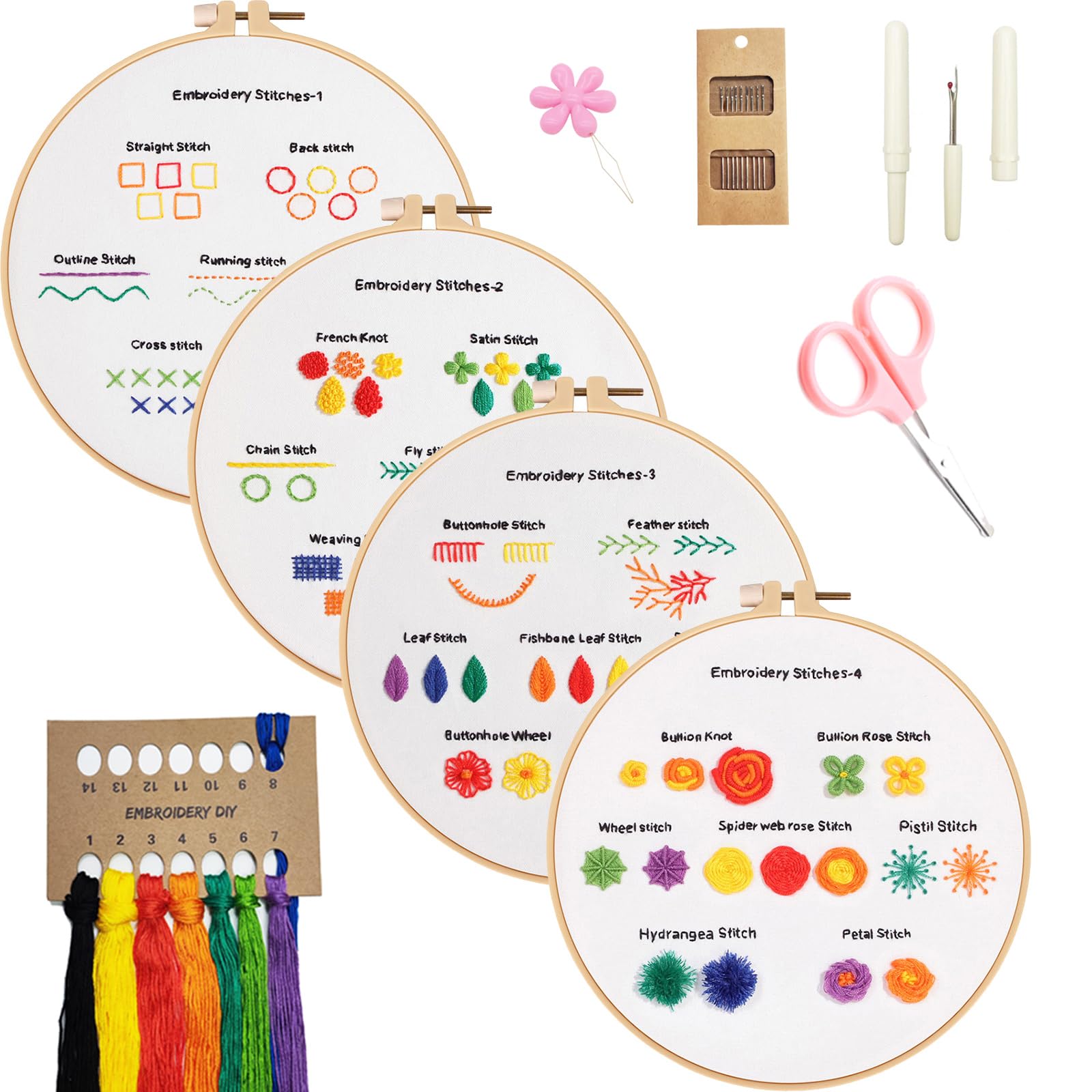 MAKIOTEKO 4 Sets Embroidery kit for Beginners Adults, with Pattern Instructions Cross Stitch Include Kits Threads Needlepoint Kit for Adults